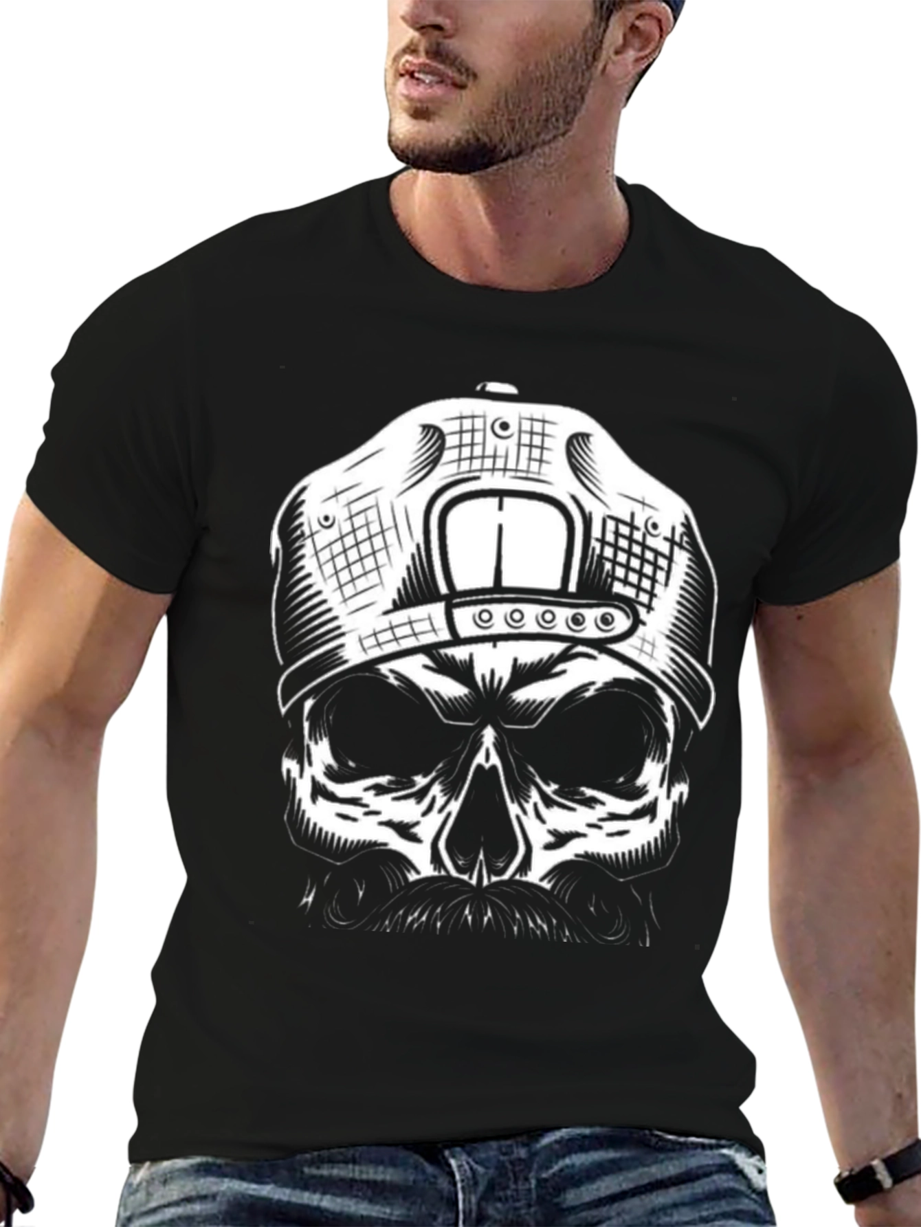 Black Skull with Cap Graphic T-Shirt - Black view 6