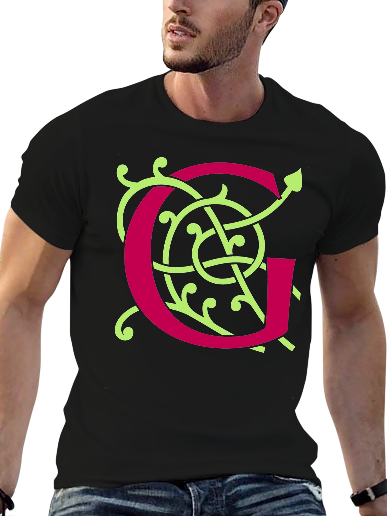 Black Ornamental Initial 'G' Black T-Shirt view 6