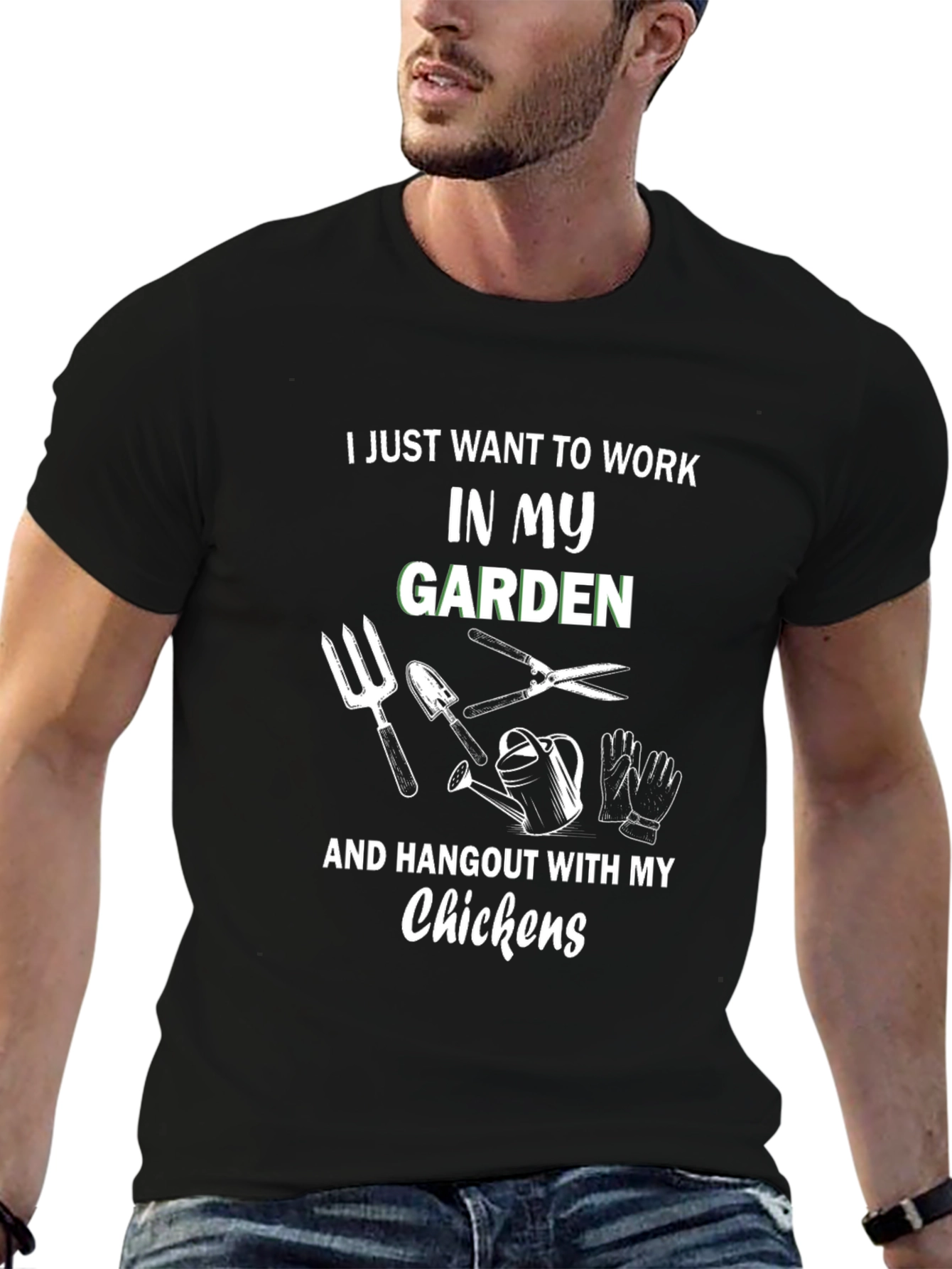 Black Gardening T-Shirt: Work in My Garden & Hangout with Chickens view 6
