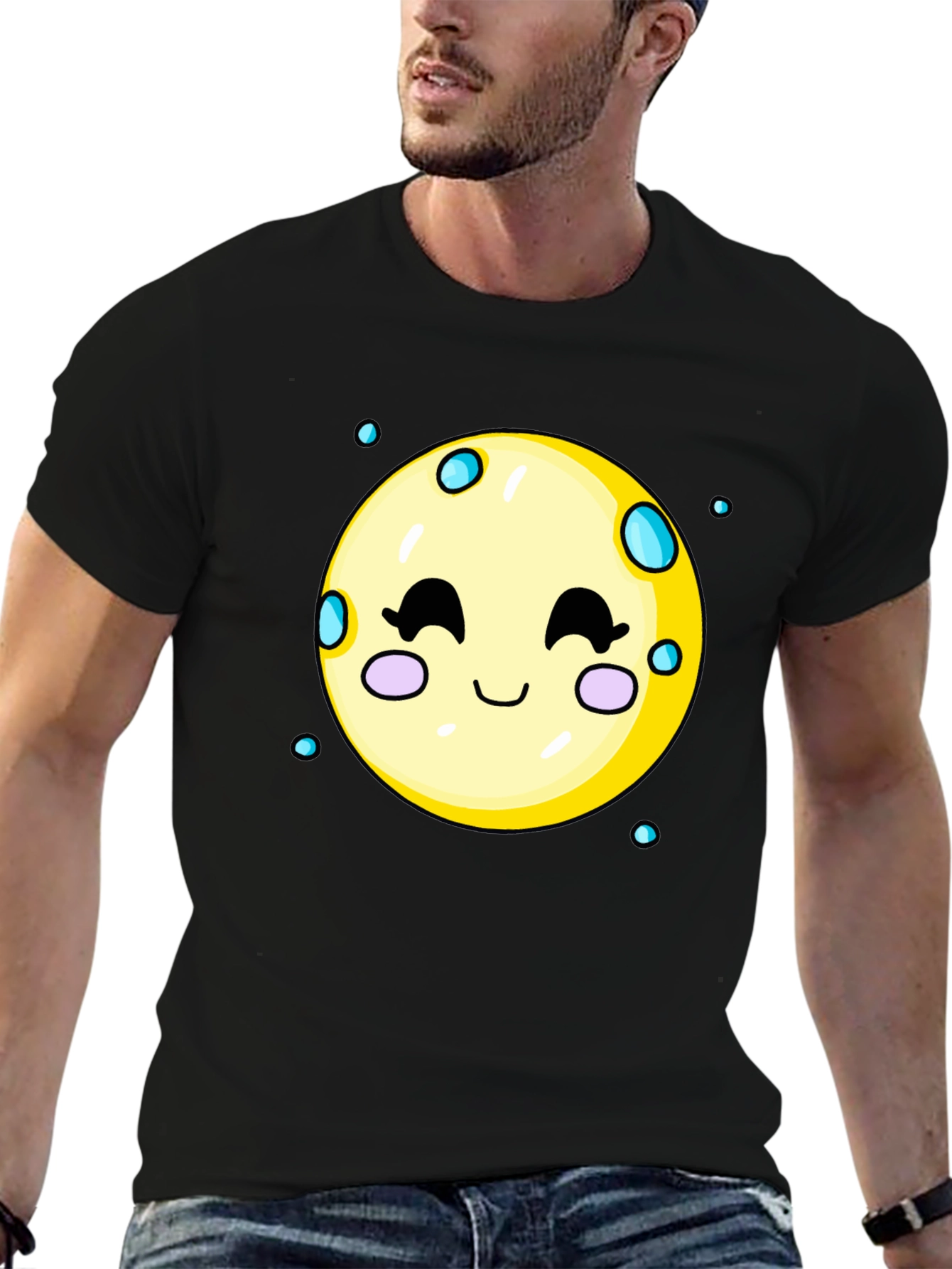 Black Cute Moon Graphic Tee - Black Cotton T-Shirt view 6