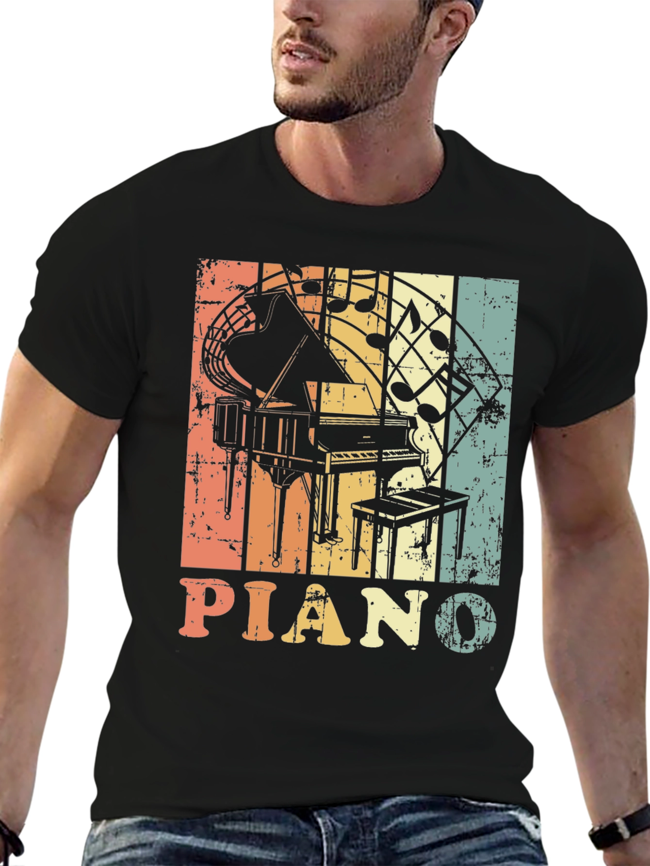 Black Retro Piano Music Notes Graphic T-Shirt view 6