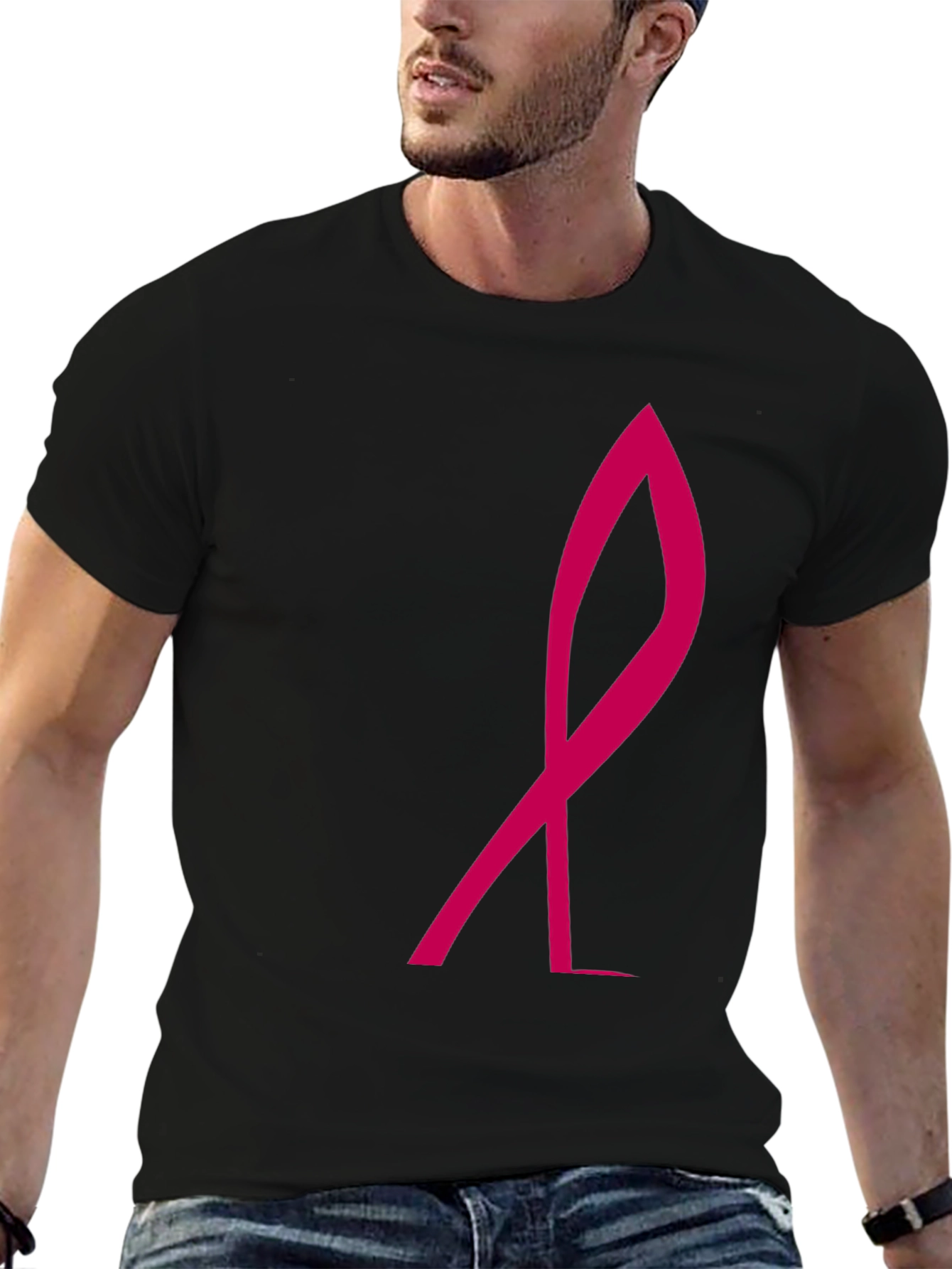 Black Stylish Black Tee with Pink Ribbon Graphic view 6