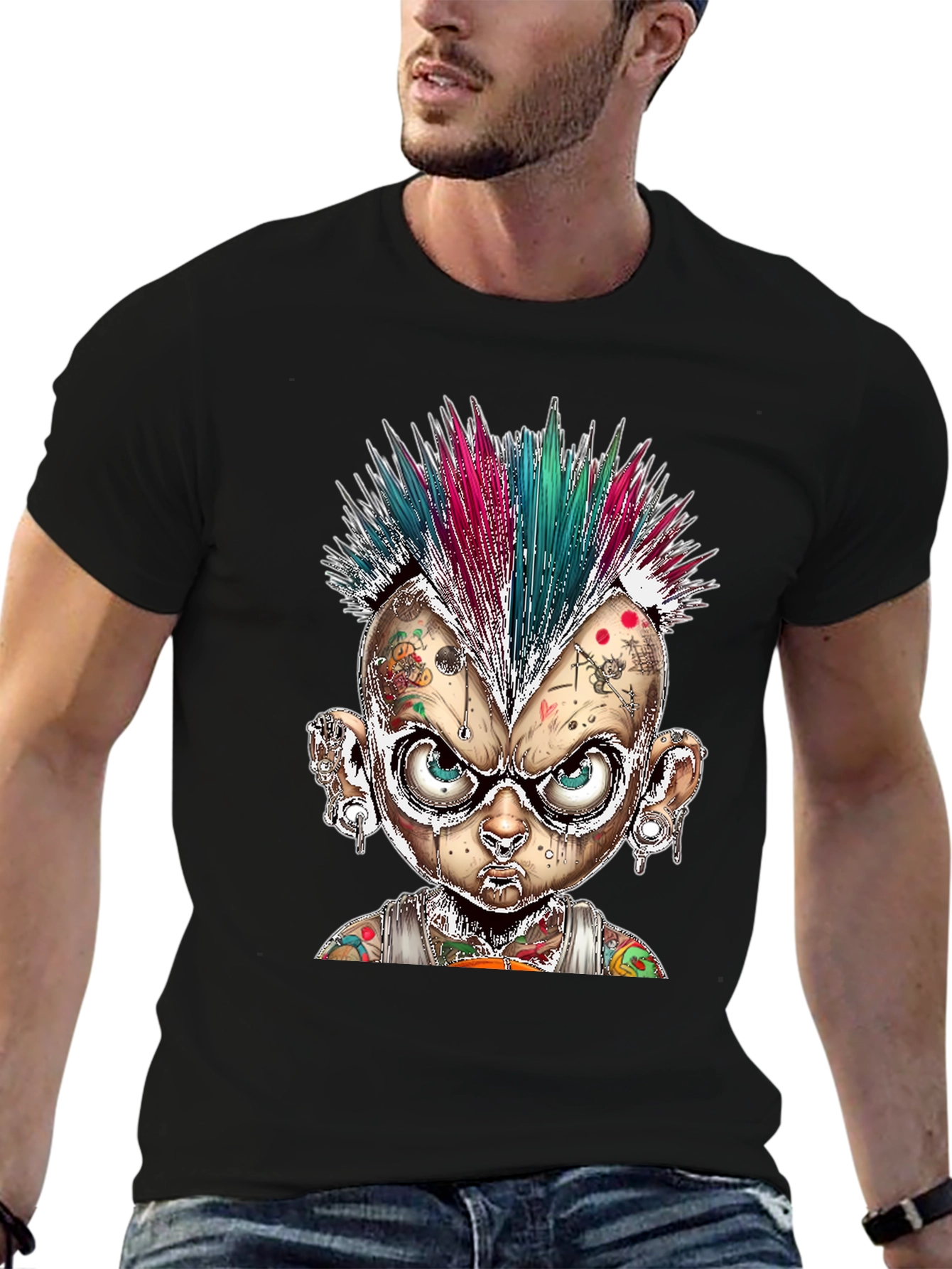 Black Edgy Punk Cartoon Character Graphic Tee view 6