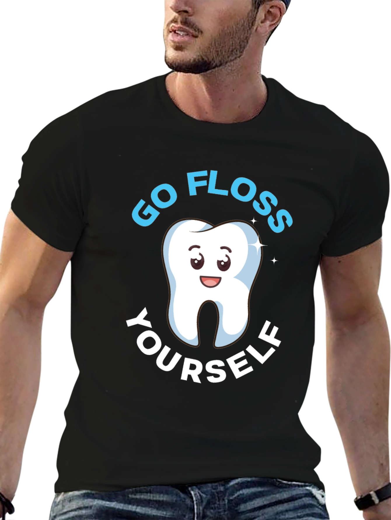 Black Go Floss Yourself Dental Humor T-Shirt view 6