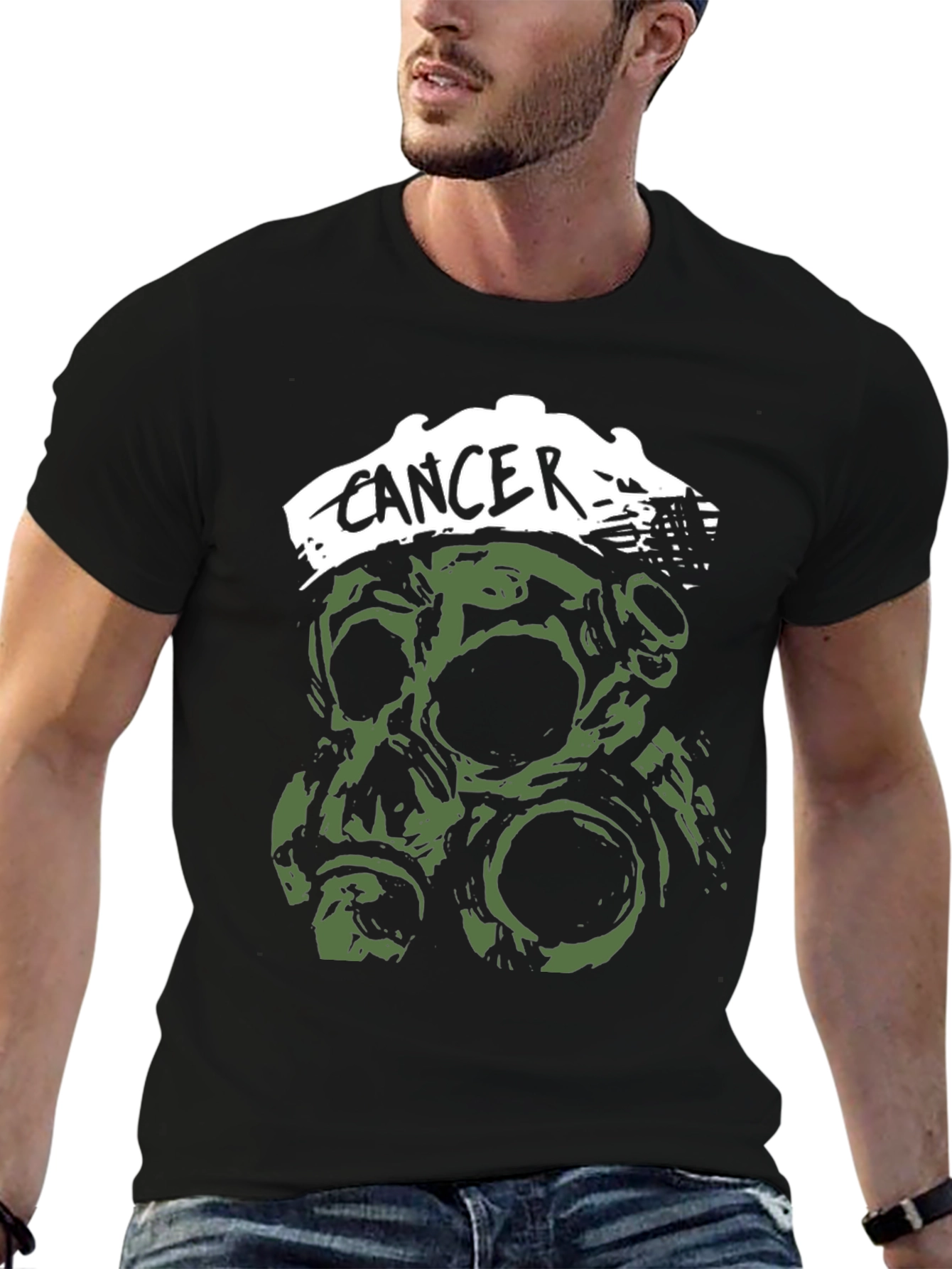 Black Cancer Band T-Shirt - Skull & Gas Mask Graphic view 6