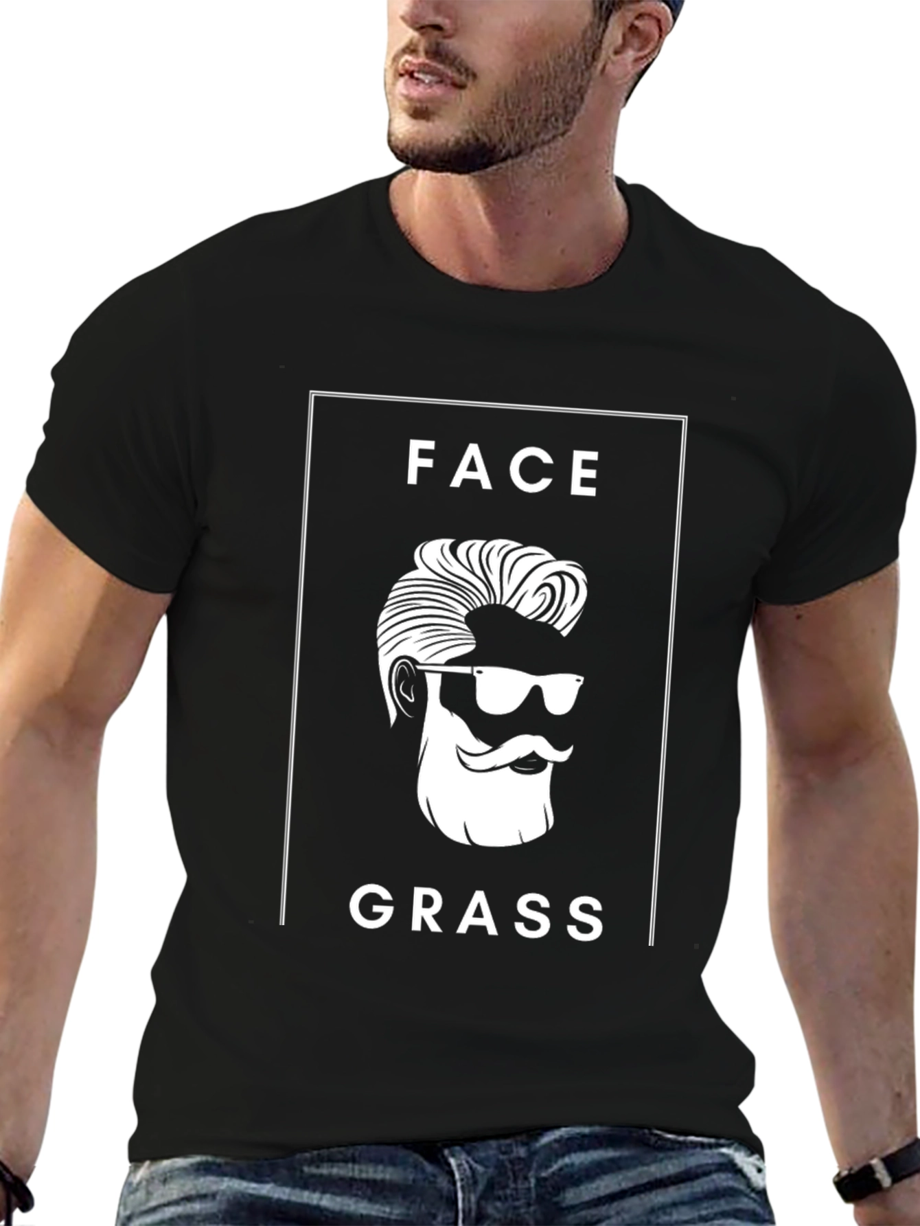 Black Face Grass Funny Graphic Black T-Shirt view 6