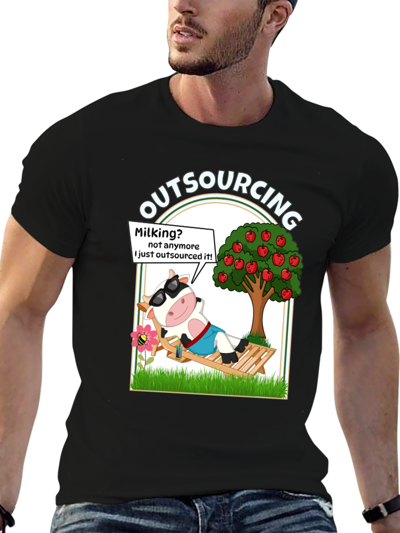 Black Outsourcing Cow T-Shirt - Funny Lazy Farm Animal Tee view 6