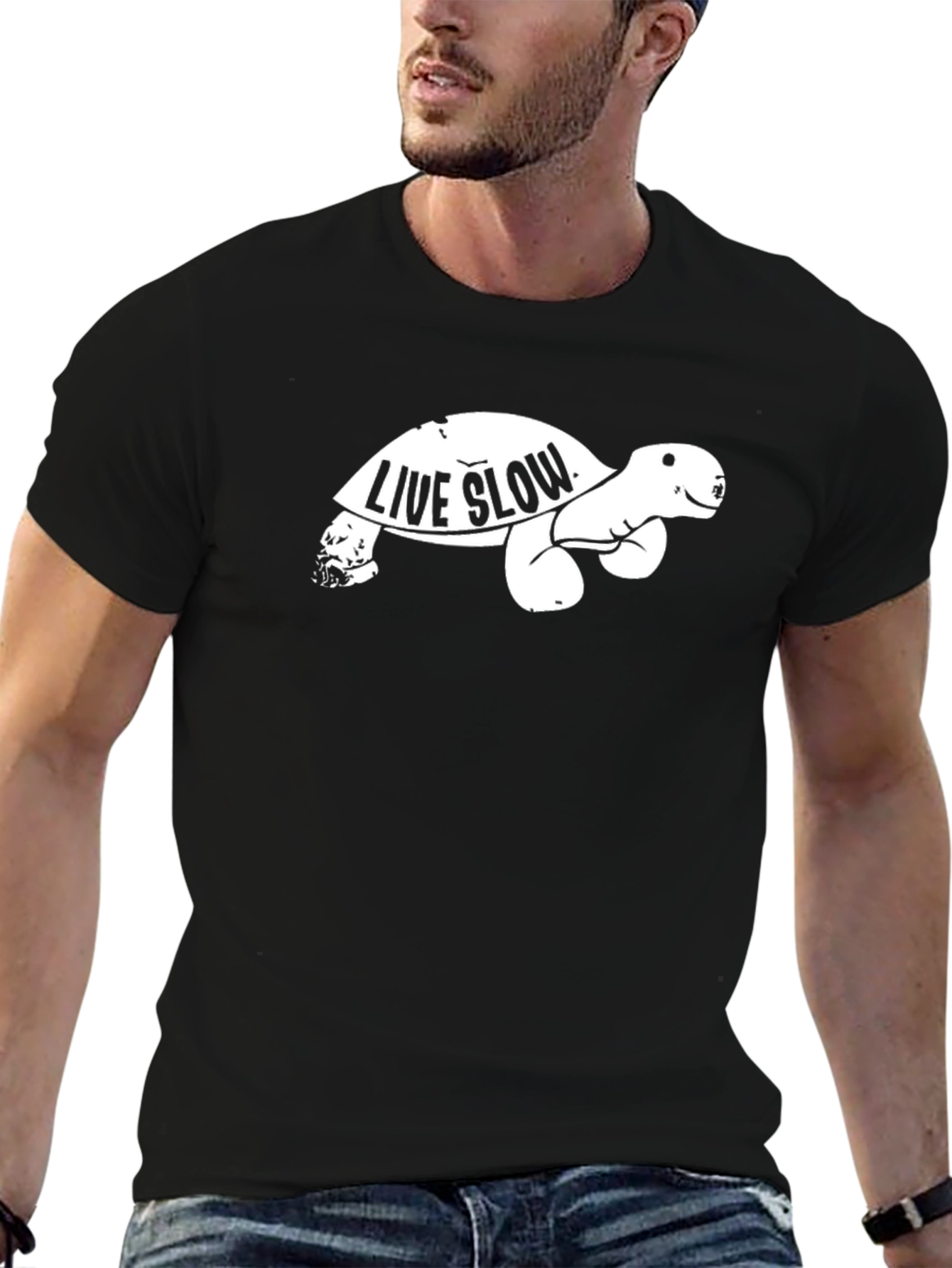 Black Live Slow Turtle Graphic Tee - Unisex Black T-Shirt view 6