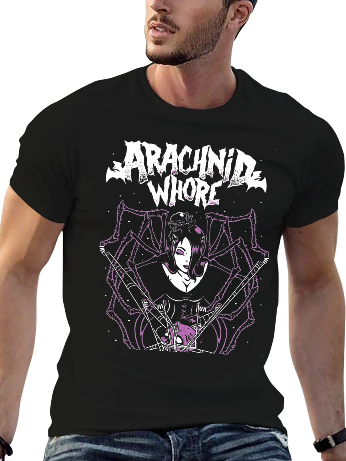 Black Arachnid Whore Graphic T-Shirt - Gothic Spider Woman Tee view 6