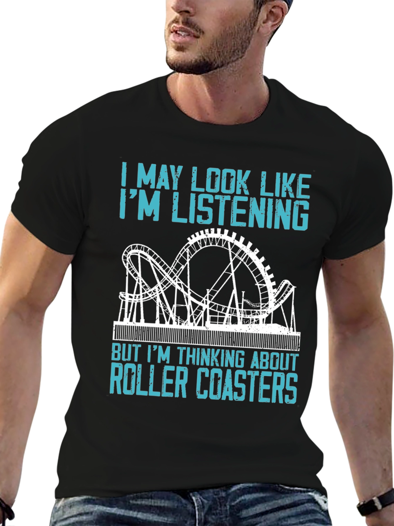 Black Roller Coaster T-Shirt - I'm Thinking About Roller Coasters view 6