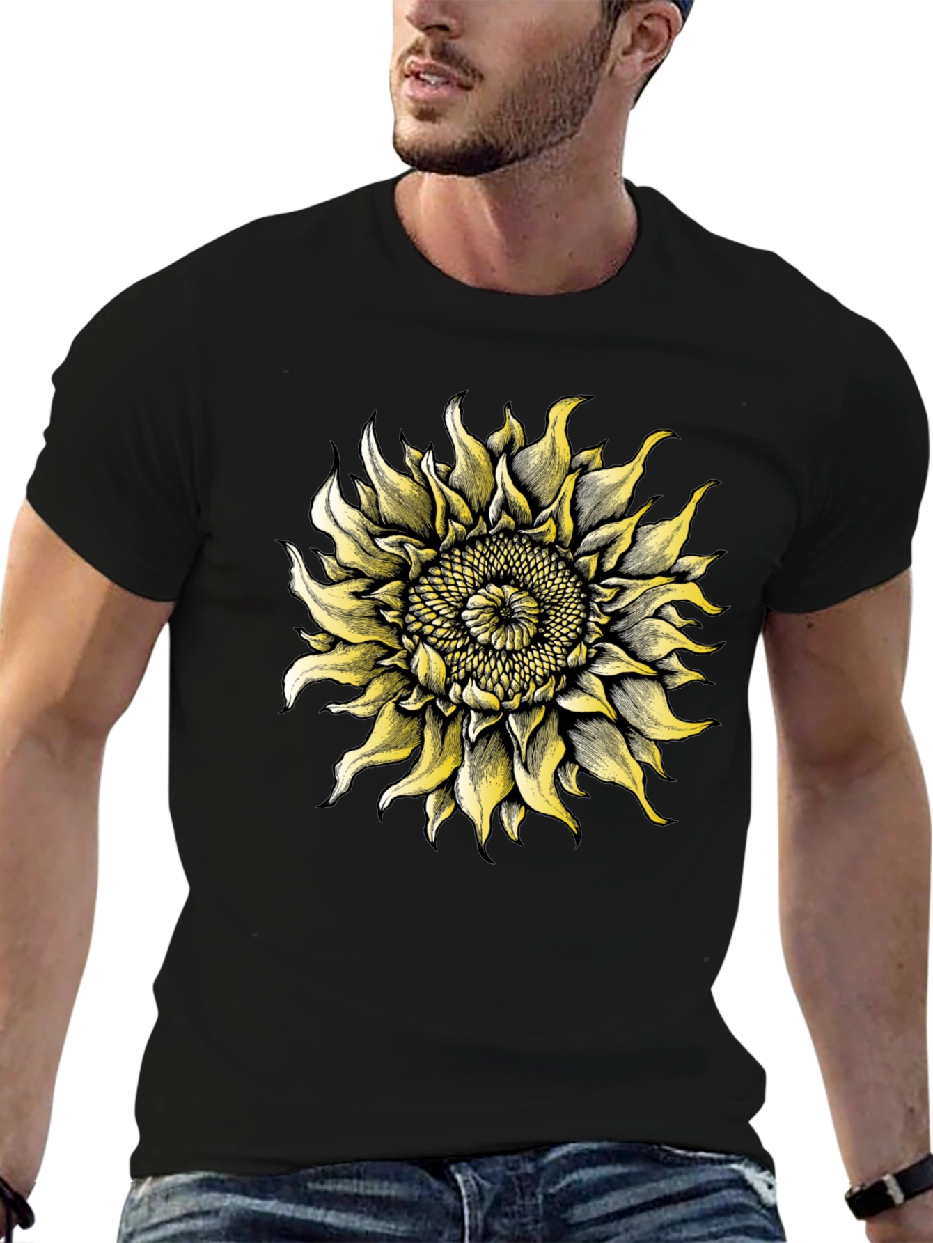 Black Sunflower Graphic Tee - Black Cotton T-Shirt view 6