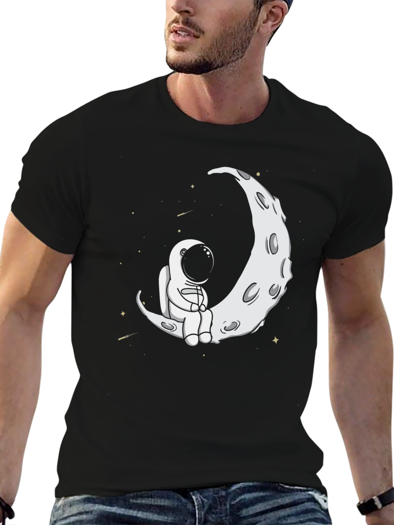 Black Astronaut Moon Graphic Tee - Black Casual Shirt view 6