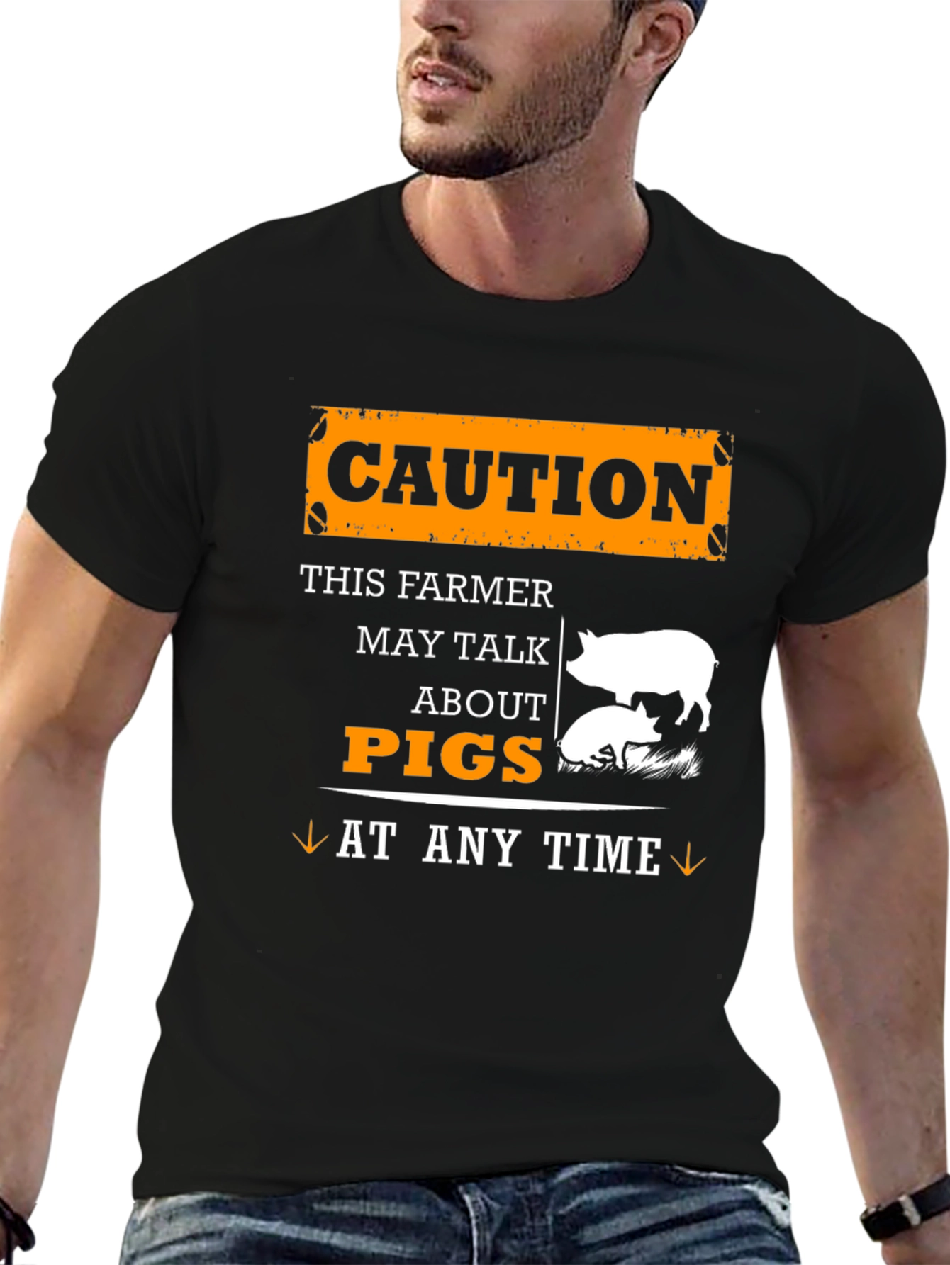 Black Caution Farmer May Talk About Pigs T-Shirt view 6