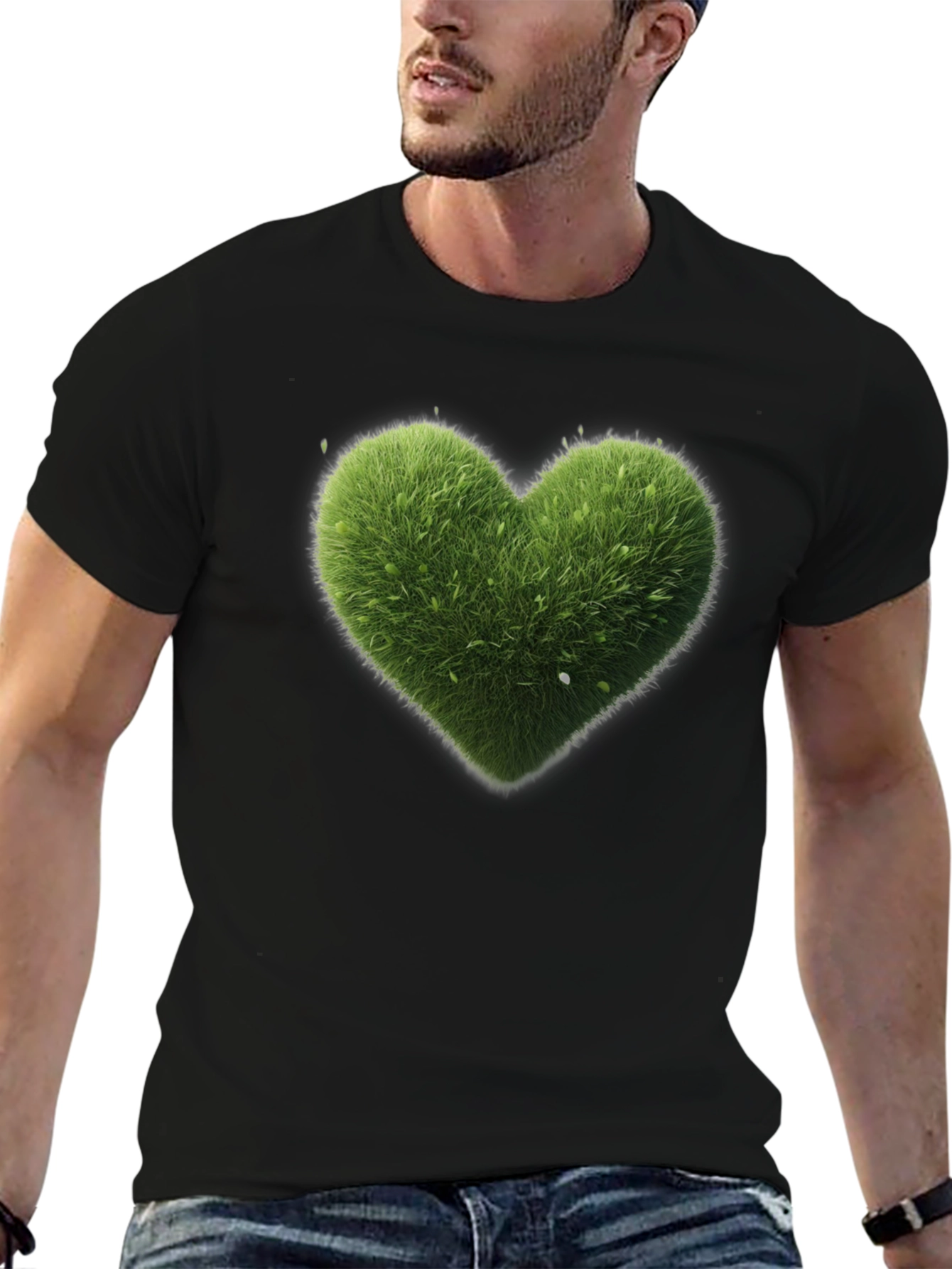 Black Green Heart Graphic Tee - Black Cotton T-Shirt view 6