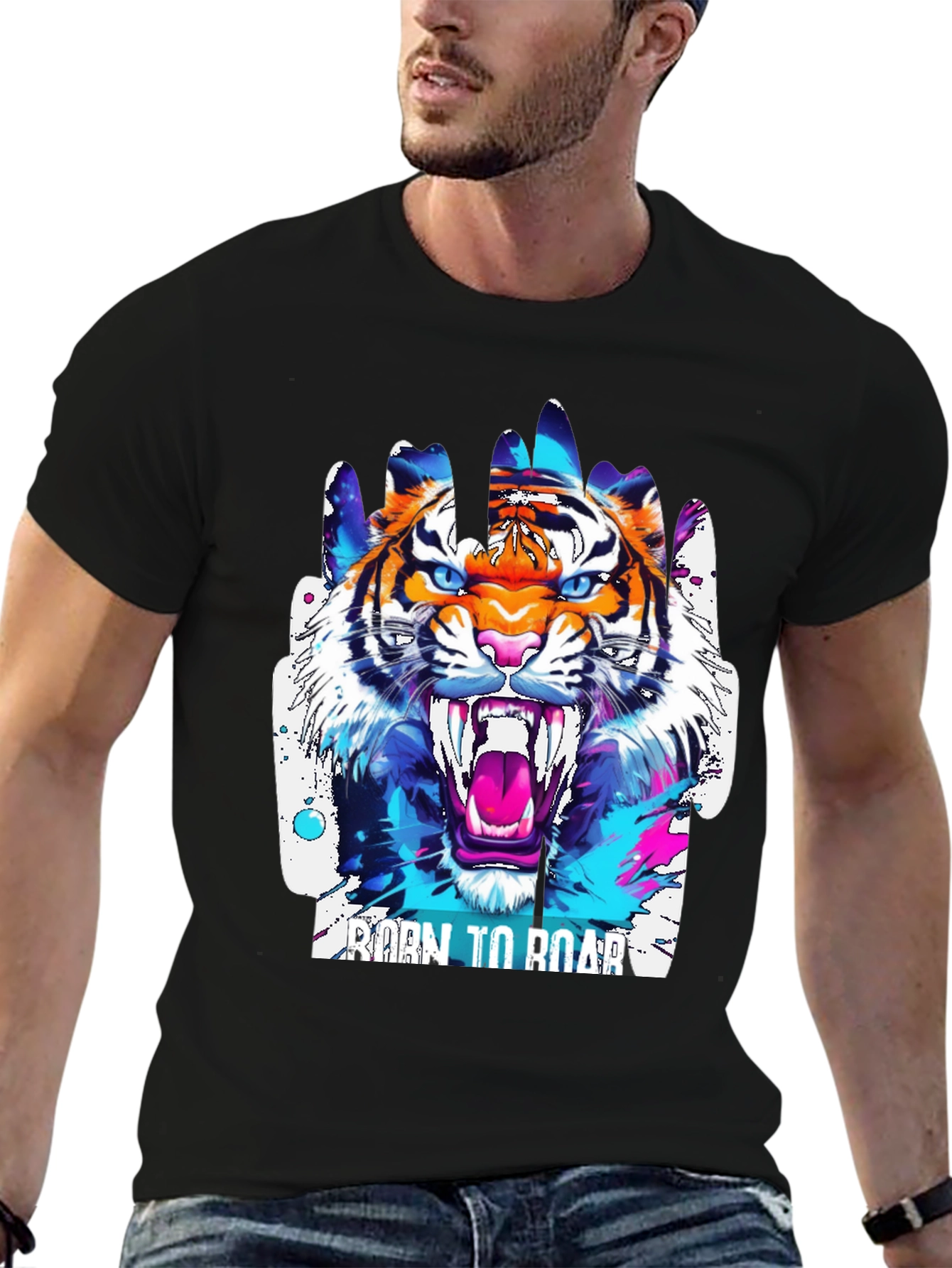 Black Roaring Tiger Graphic Tee - Men's Black T-Shirt view 6