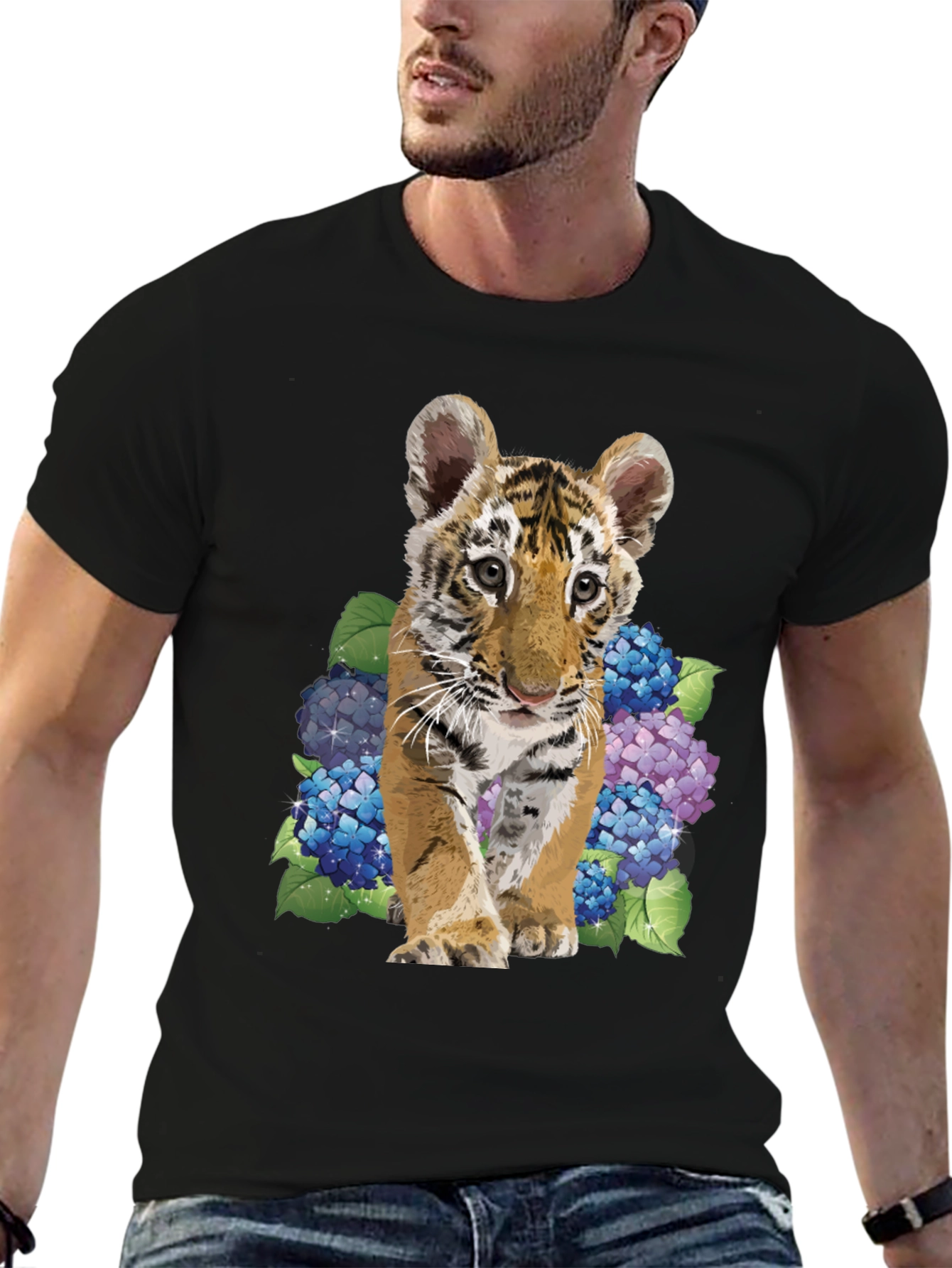 Black Tiger Cub & Hydrangea Graphic Tee - Soft Black Cotton Blend view 6