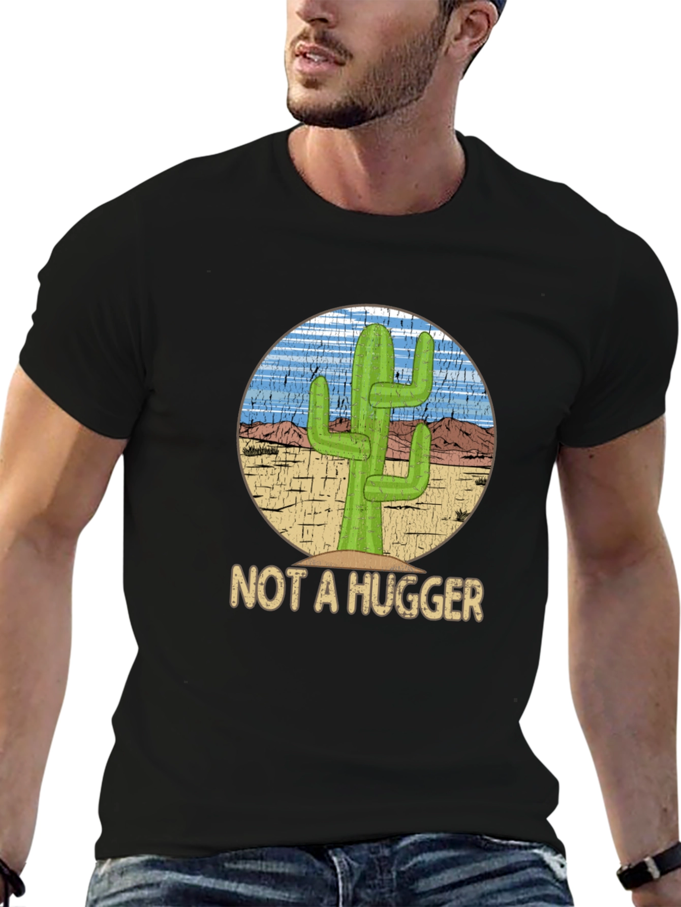 Black Not A Hugger Cactus Graphic T-Shirt - Funny Desert Tee view 6