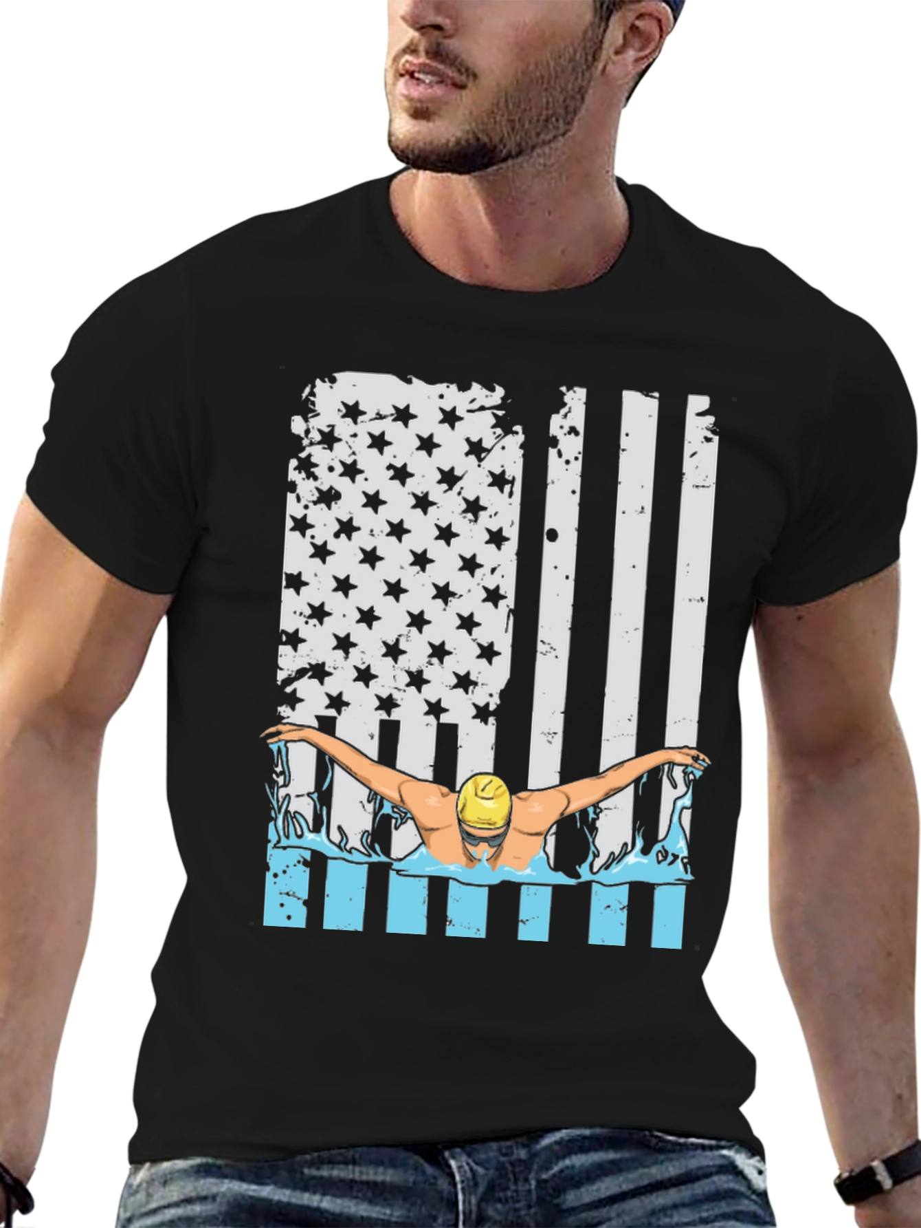Black Patriotic Swimmer T-Shirt USA Flag Design view 6
