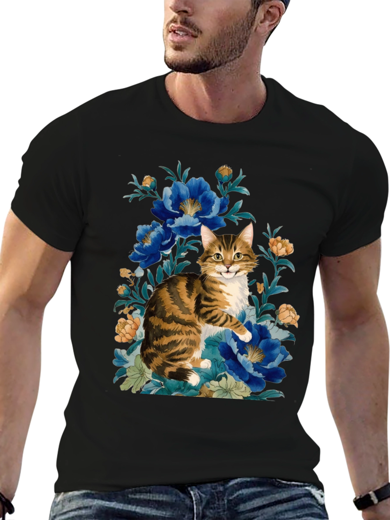 Black Floral Cat Graphic Tee - Soft Cotton Blend view 6