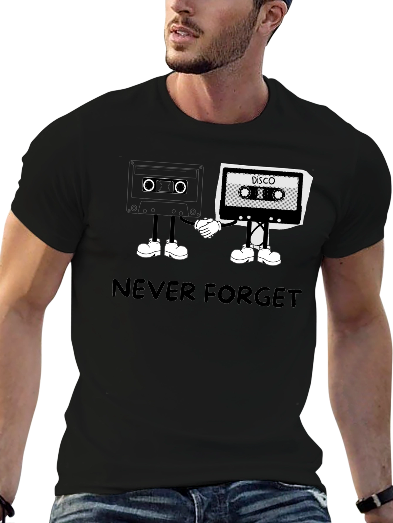 Black Retro Cassette Tape T-Shirt: Never Forget Disco! view 6