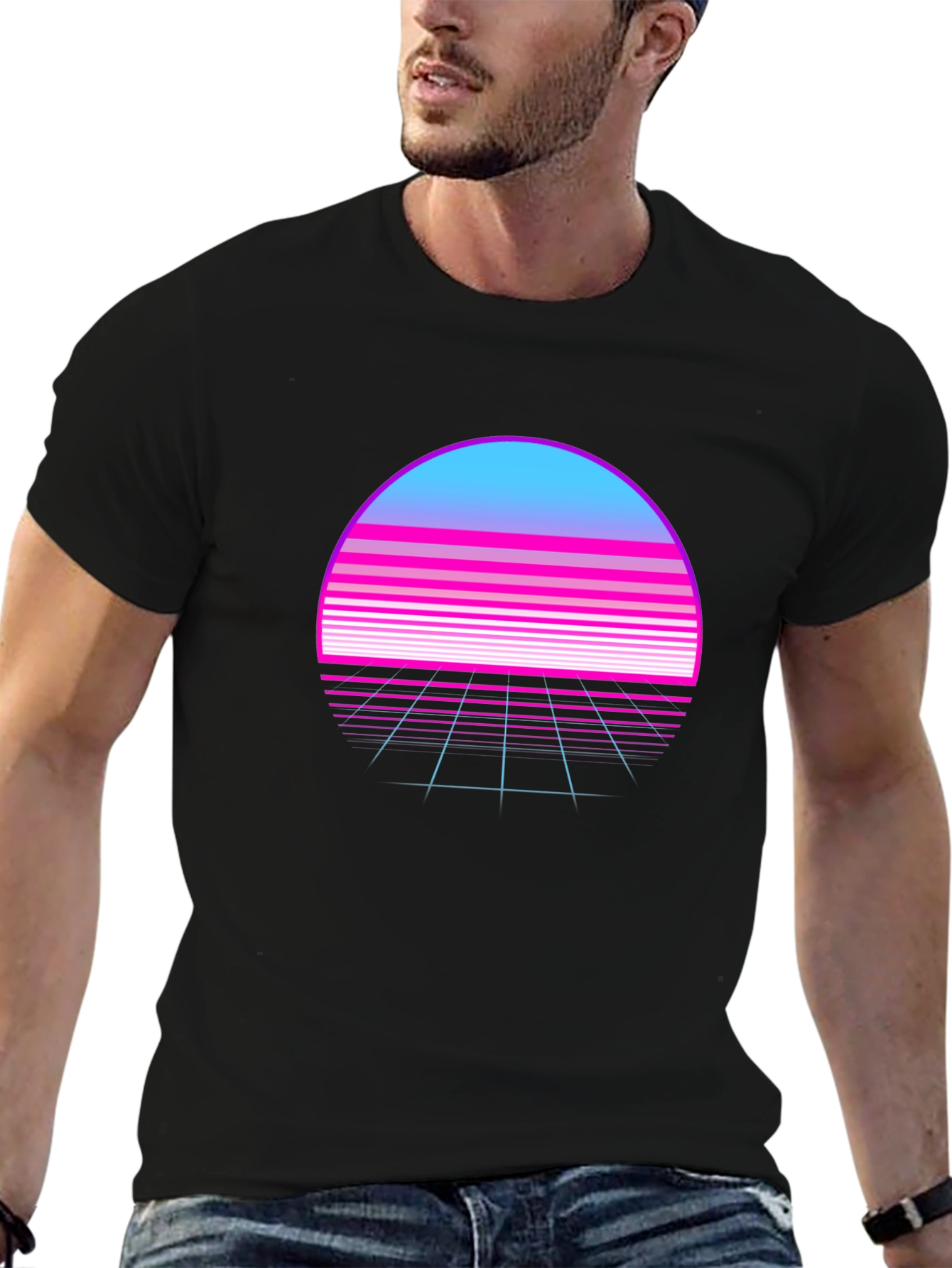 Black Retro Wave Sunset T-Shirt - Synthwave Style view 6