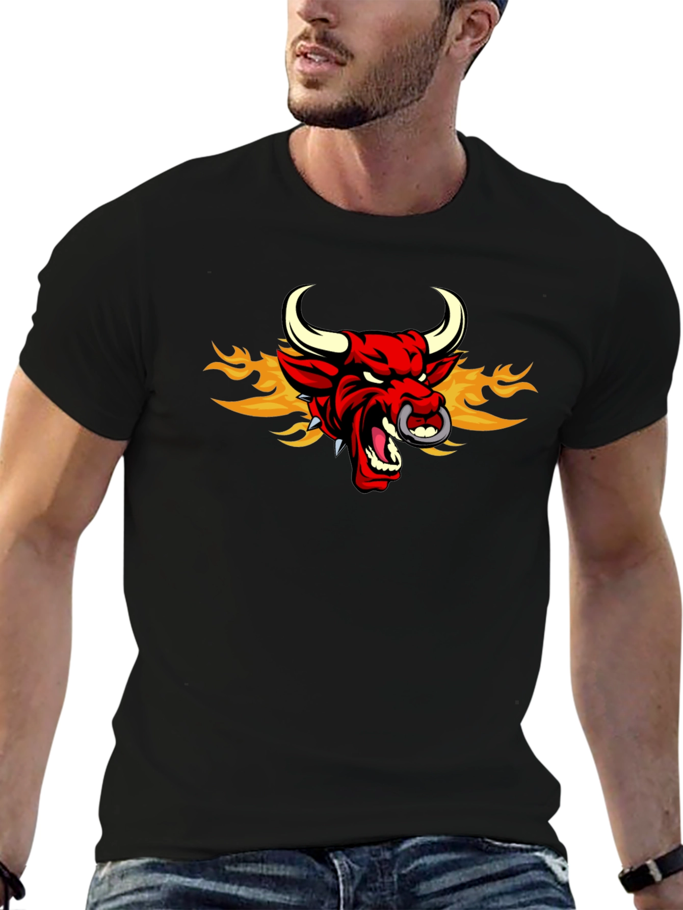 Black Fiery Bull Graphic Tee - Men's Black T-Shirt view 6