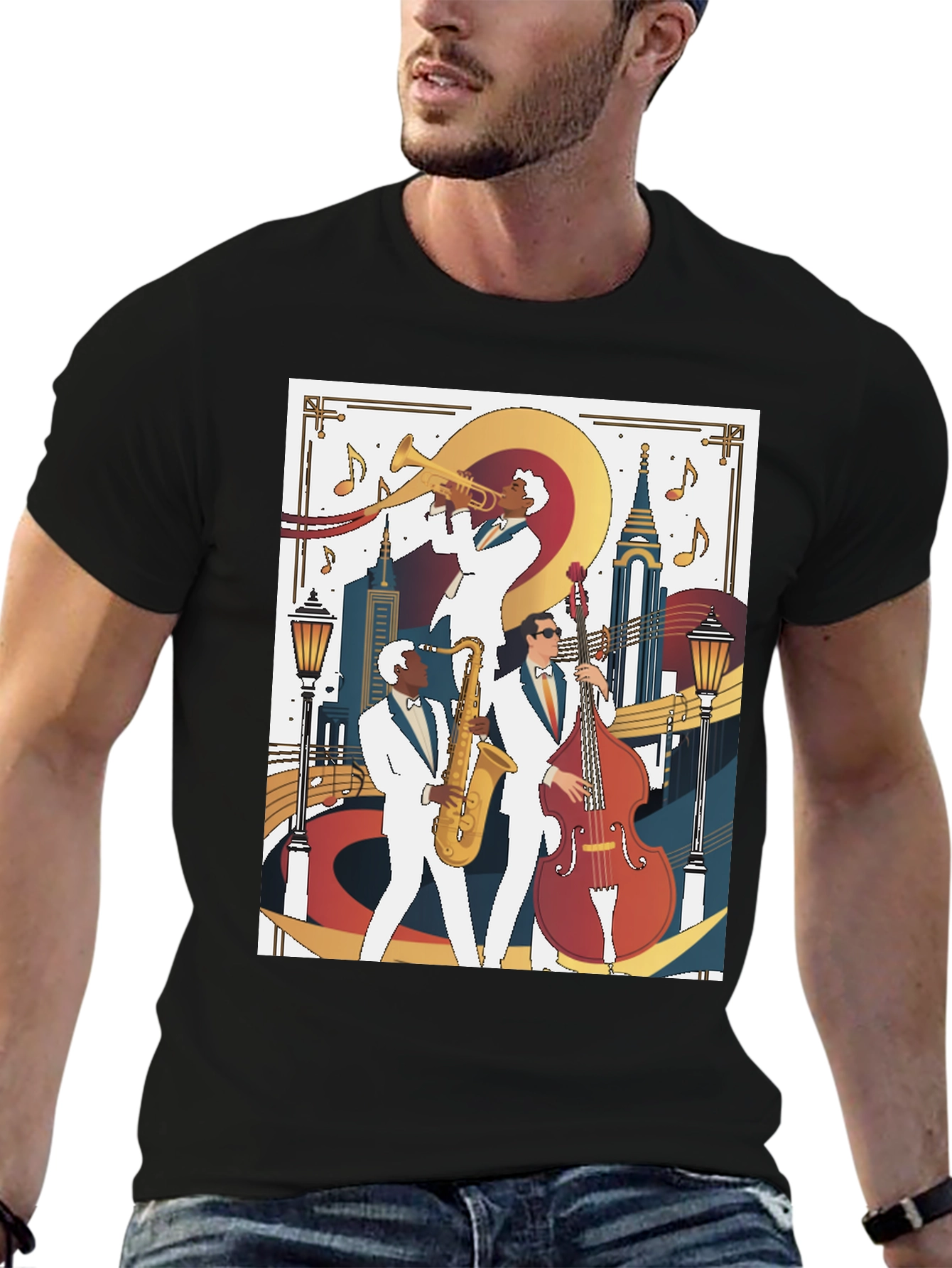 Black Jazz Band Graphic Tee - Vintage Music Lover T-Shirt view 6
