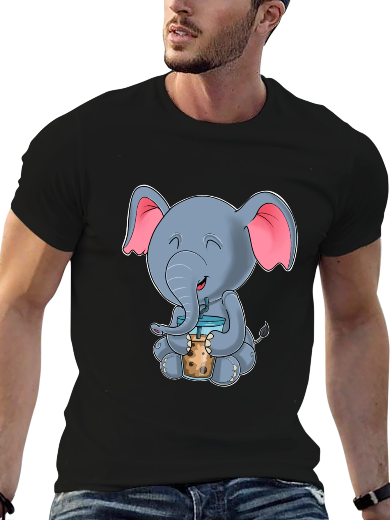 Black Cute Elephant Bubble Tea Graphic Tee view 6