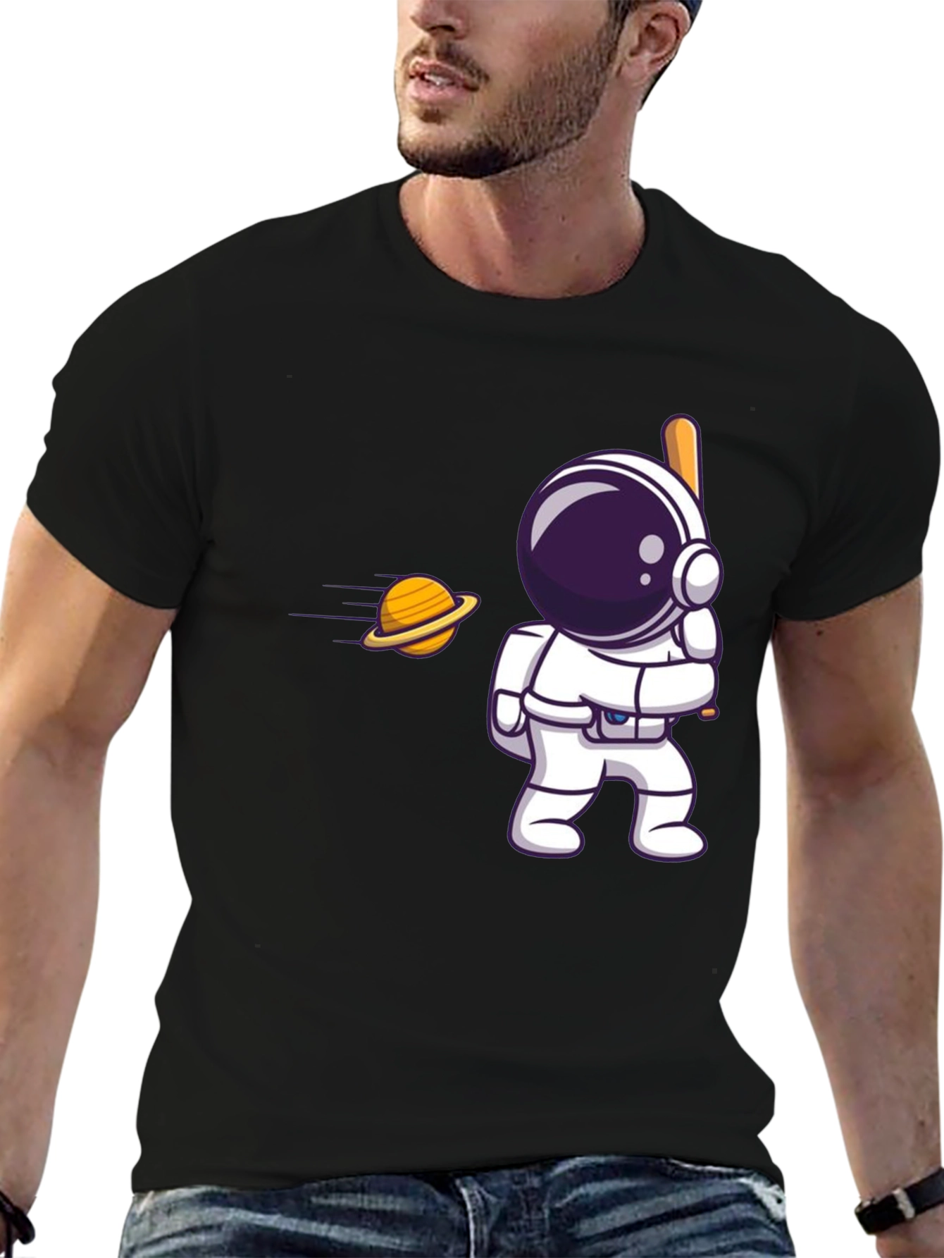 Black Astronaut Hitting Saturn T-Shirt view 6