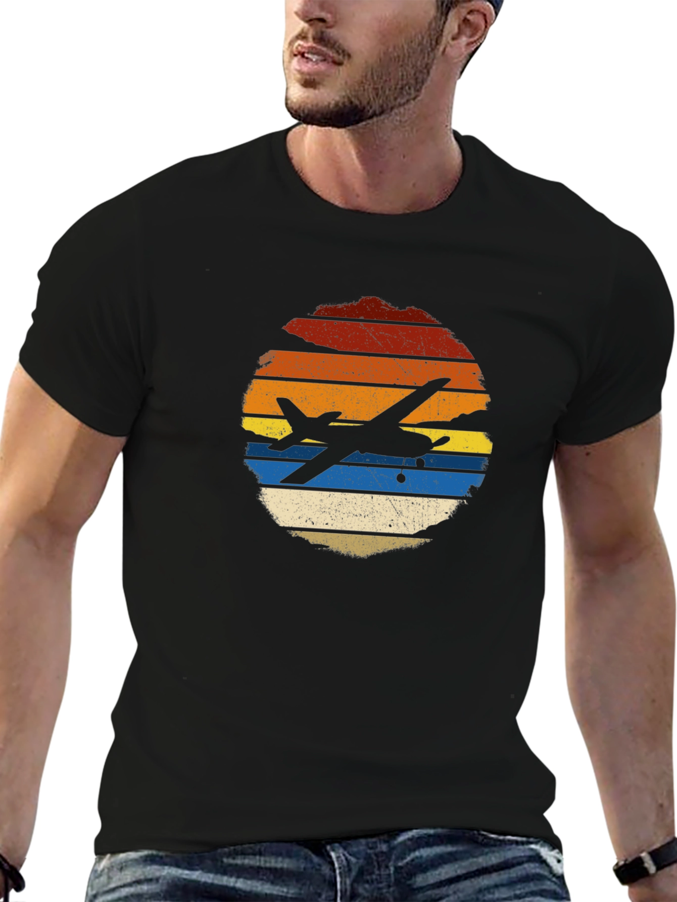 Black Retro Airplane Sunset T-Shirt view 6