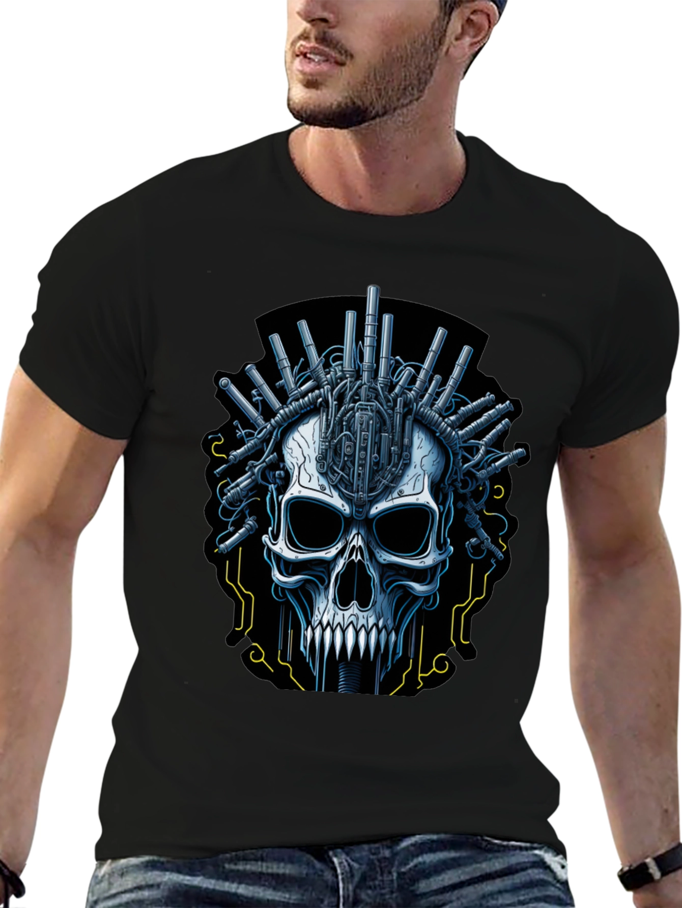 Black Cyberpunk Skull Graphic T-Shirt view 6