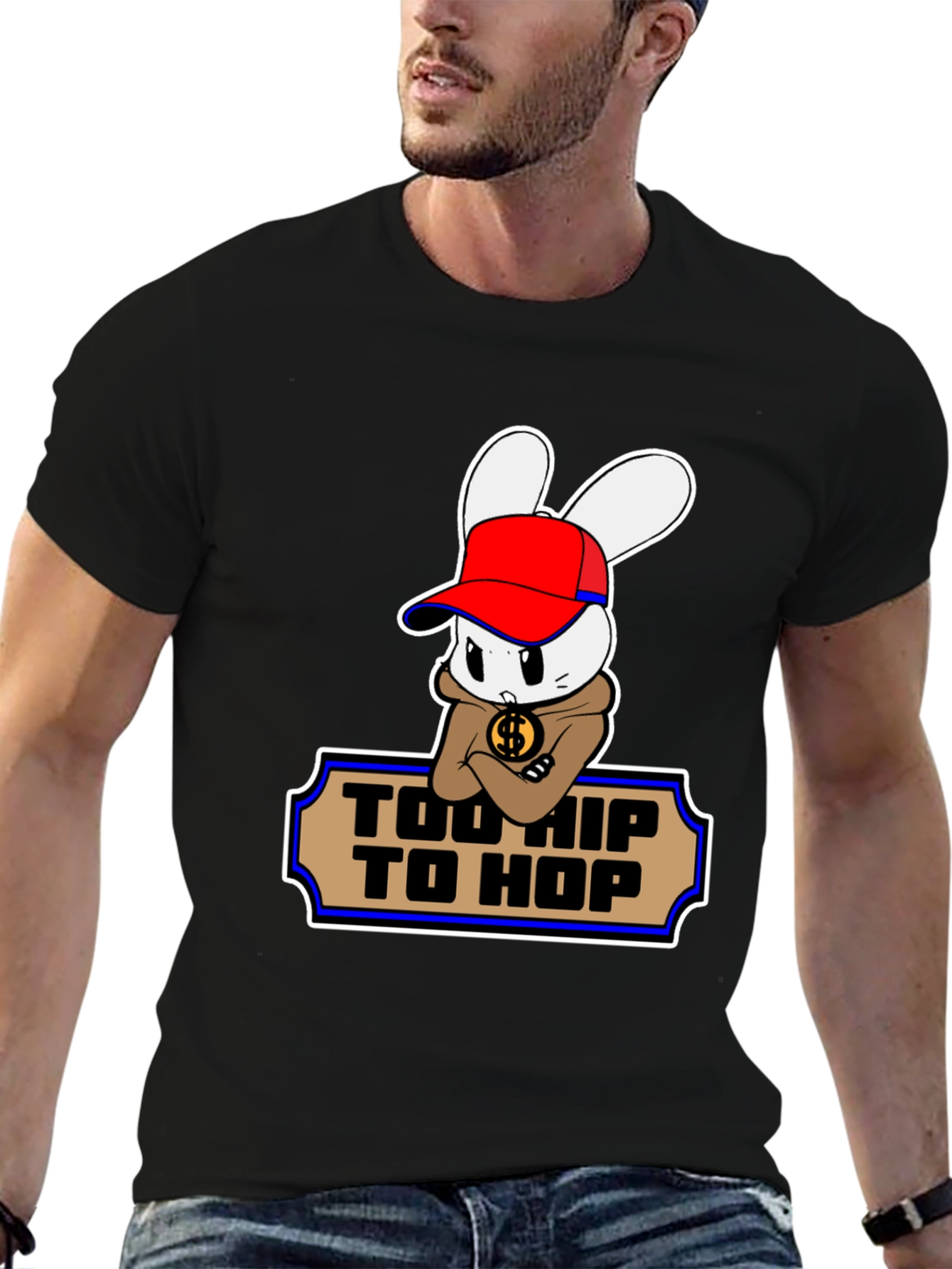 Black Too Hip To Hop Cartoon Bunny T-Shirt view 6