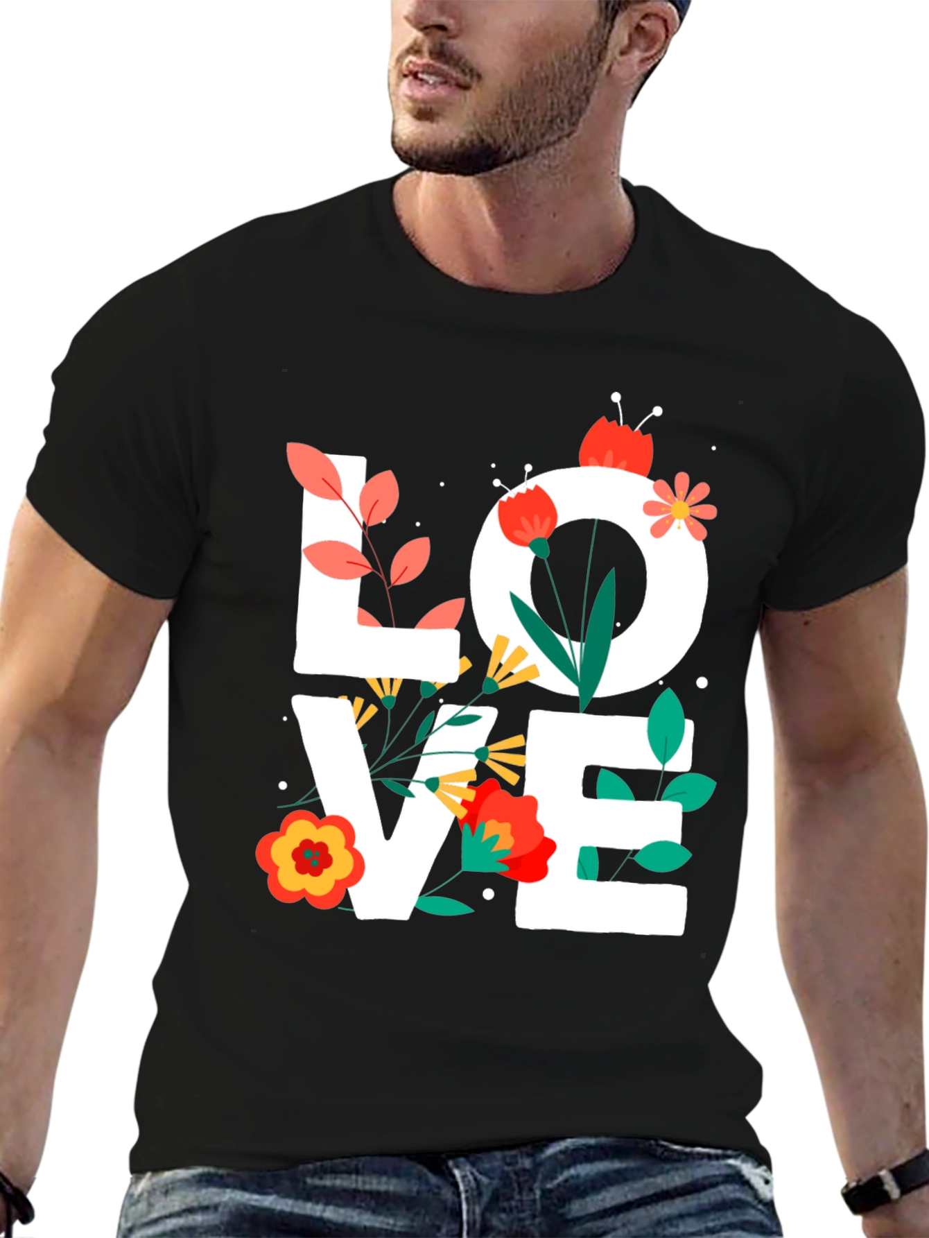 Black Floral LOVE Graphic Tee - Trendy Unisex Shirt view 6