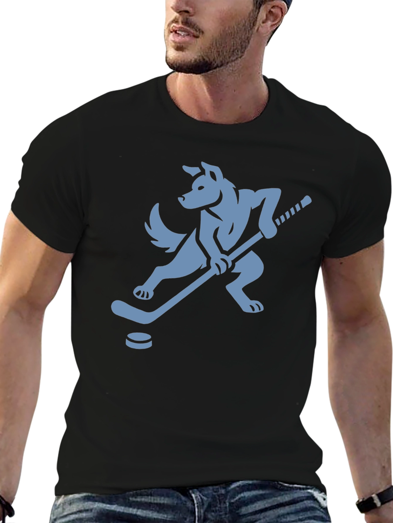 Black Hockey Dog T-Shirt - Black Tee with Canine Athlete Graphic view 6