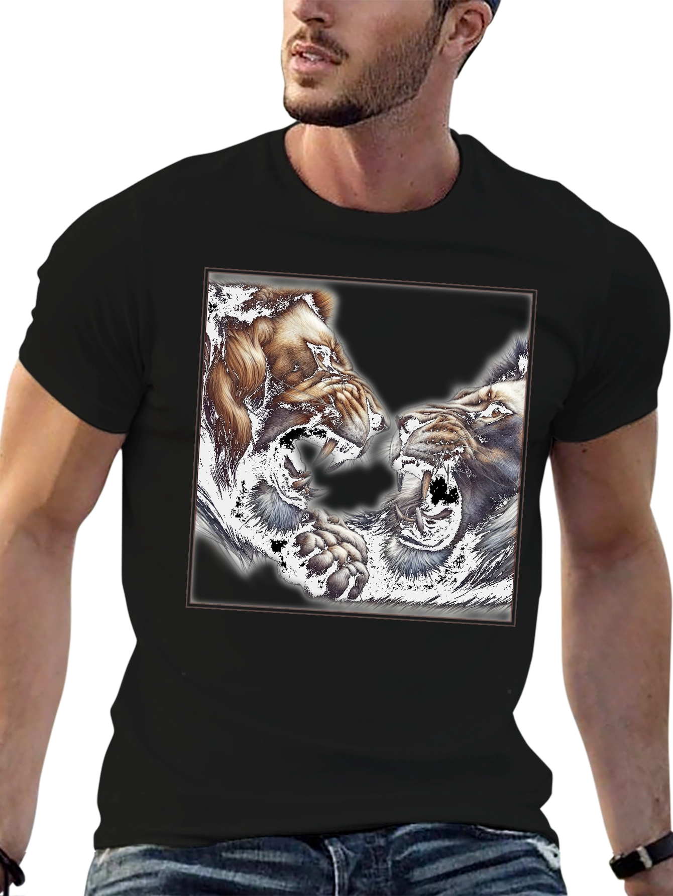 Black Roaring Lions Graphic Print Black T-Shirt view 6