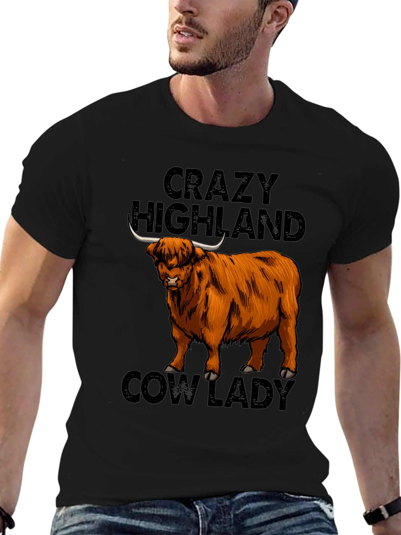 Black Crazy Highland Cow Lady T-Shirt view 6