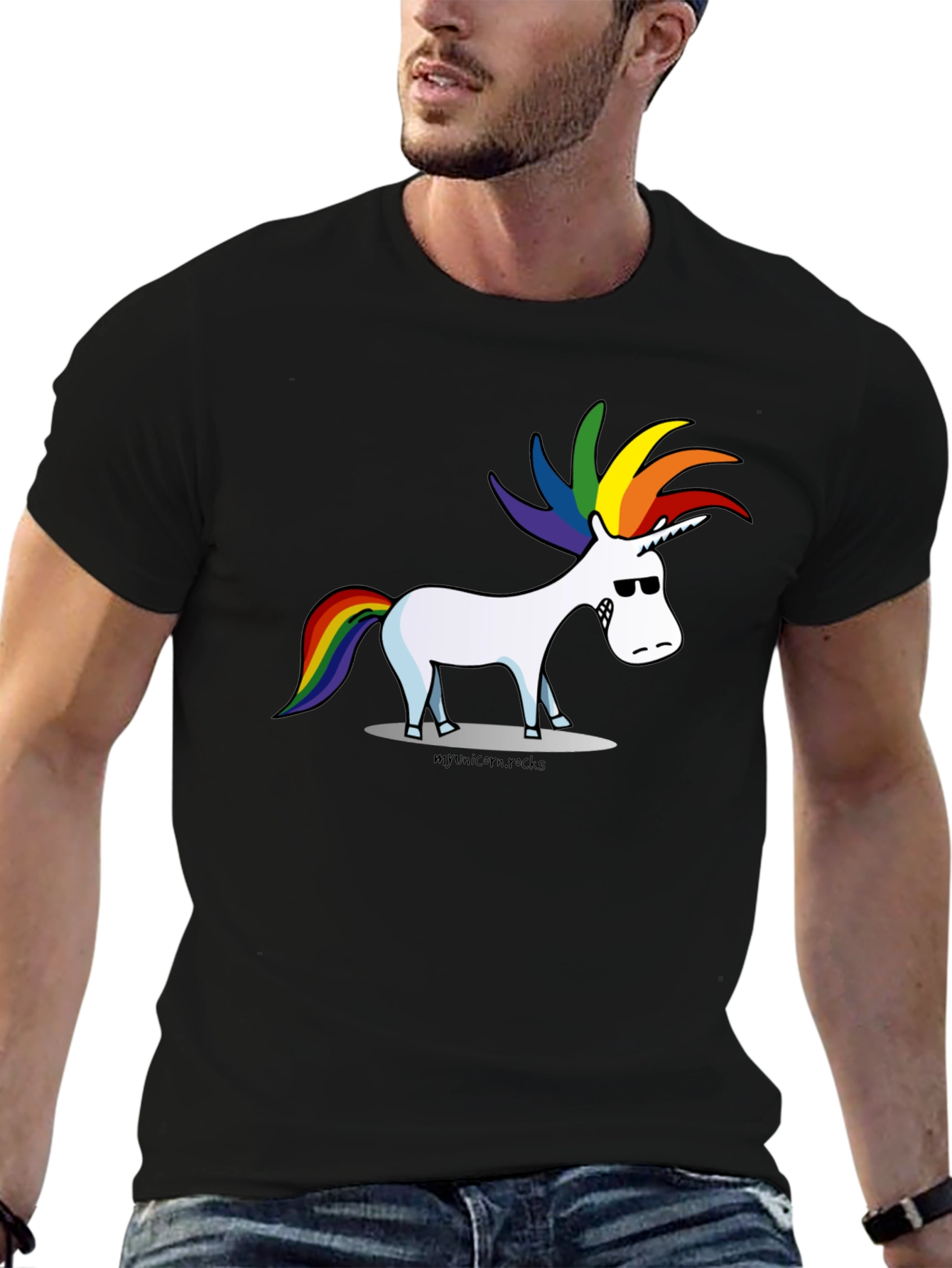 Black Cool Cartoon Unicorn Graphic Black Tee view 6