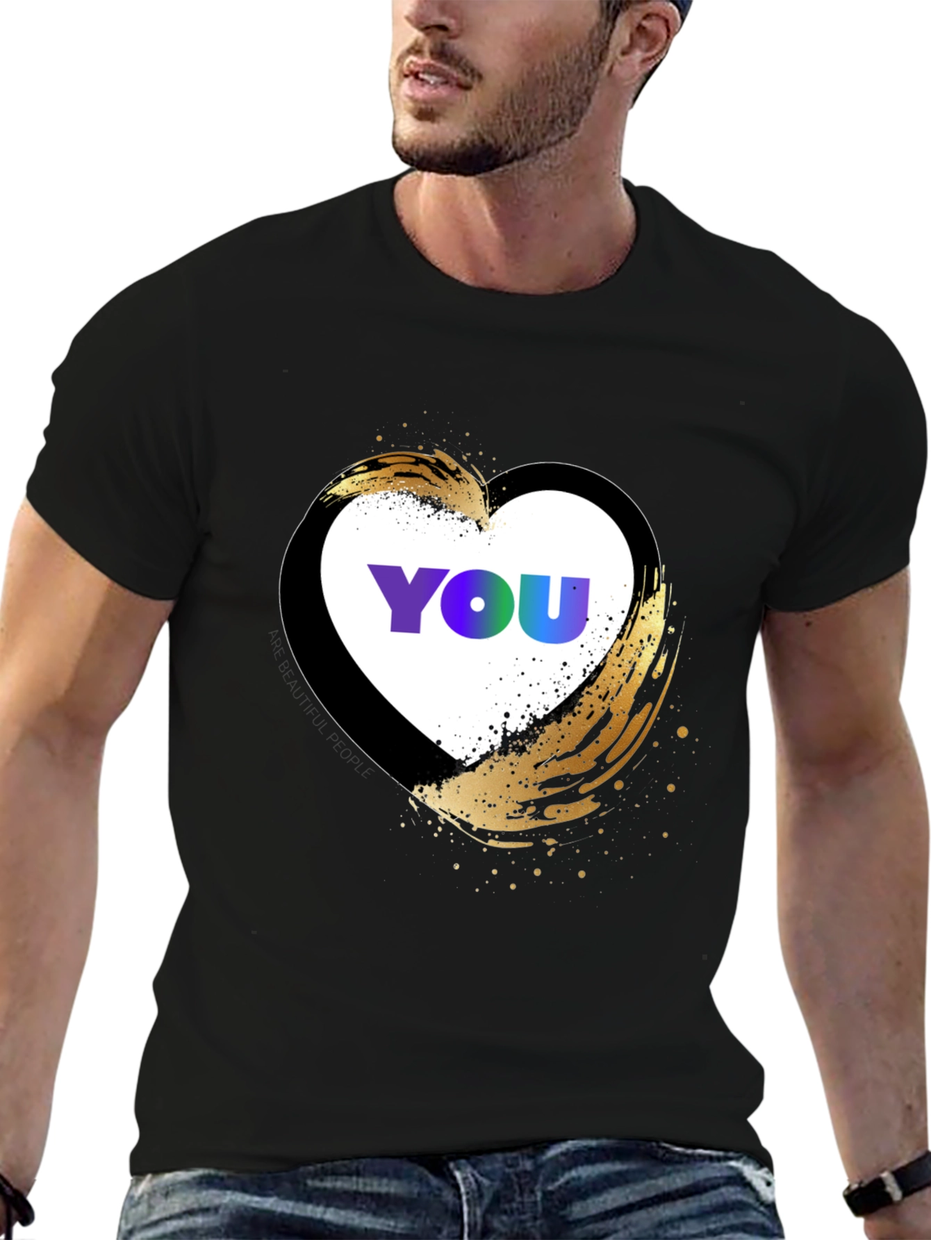 Black YOU Heart Graphic T-Shirt - Trendy Casual Top view 6