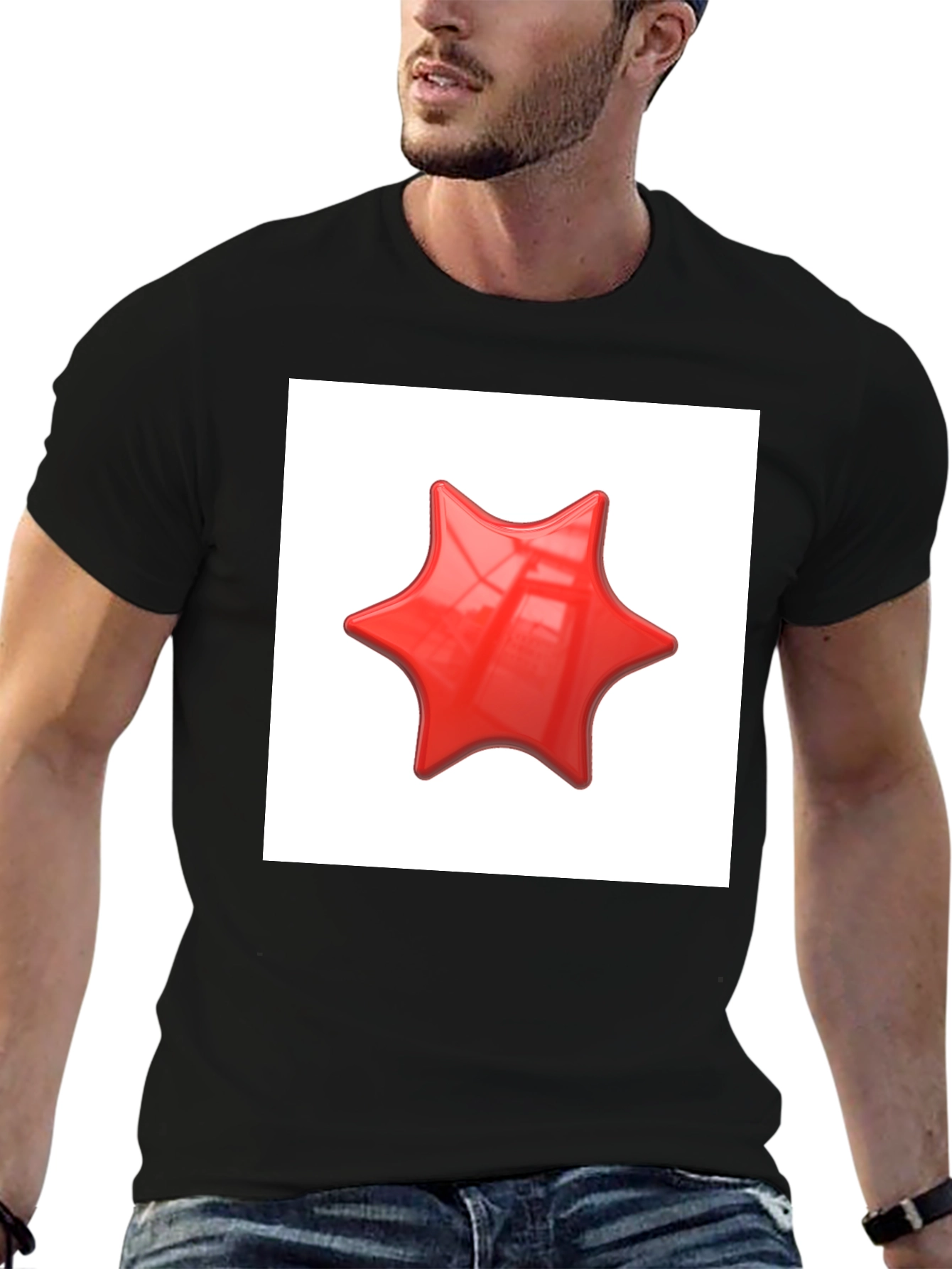 Black Black T-Shirt with Red Star Graphic Print view 6