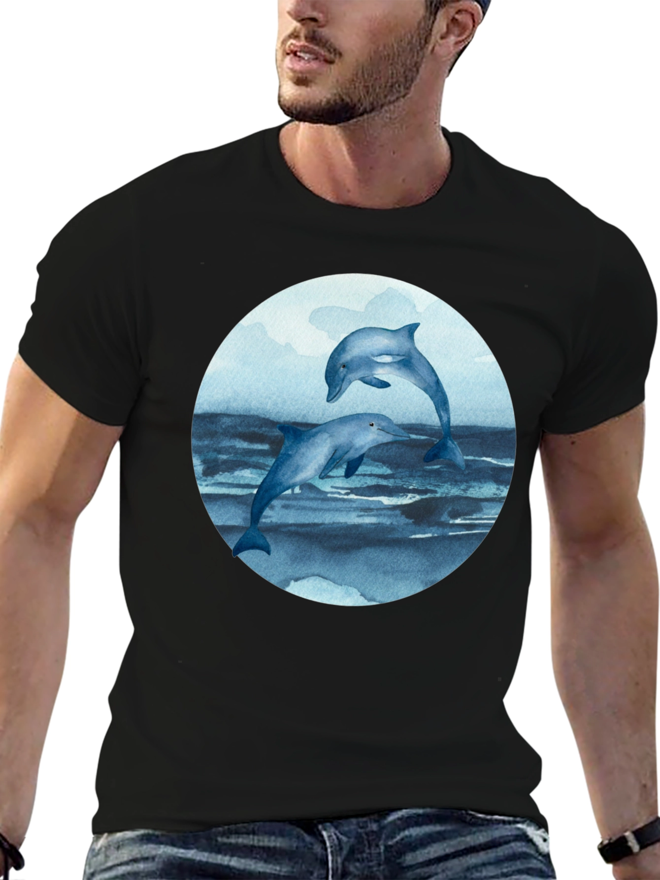 Black Dolphin T-Shirt - Round Print - Marine Life Tee view 6