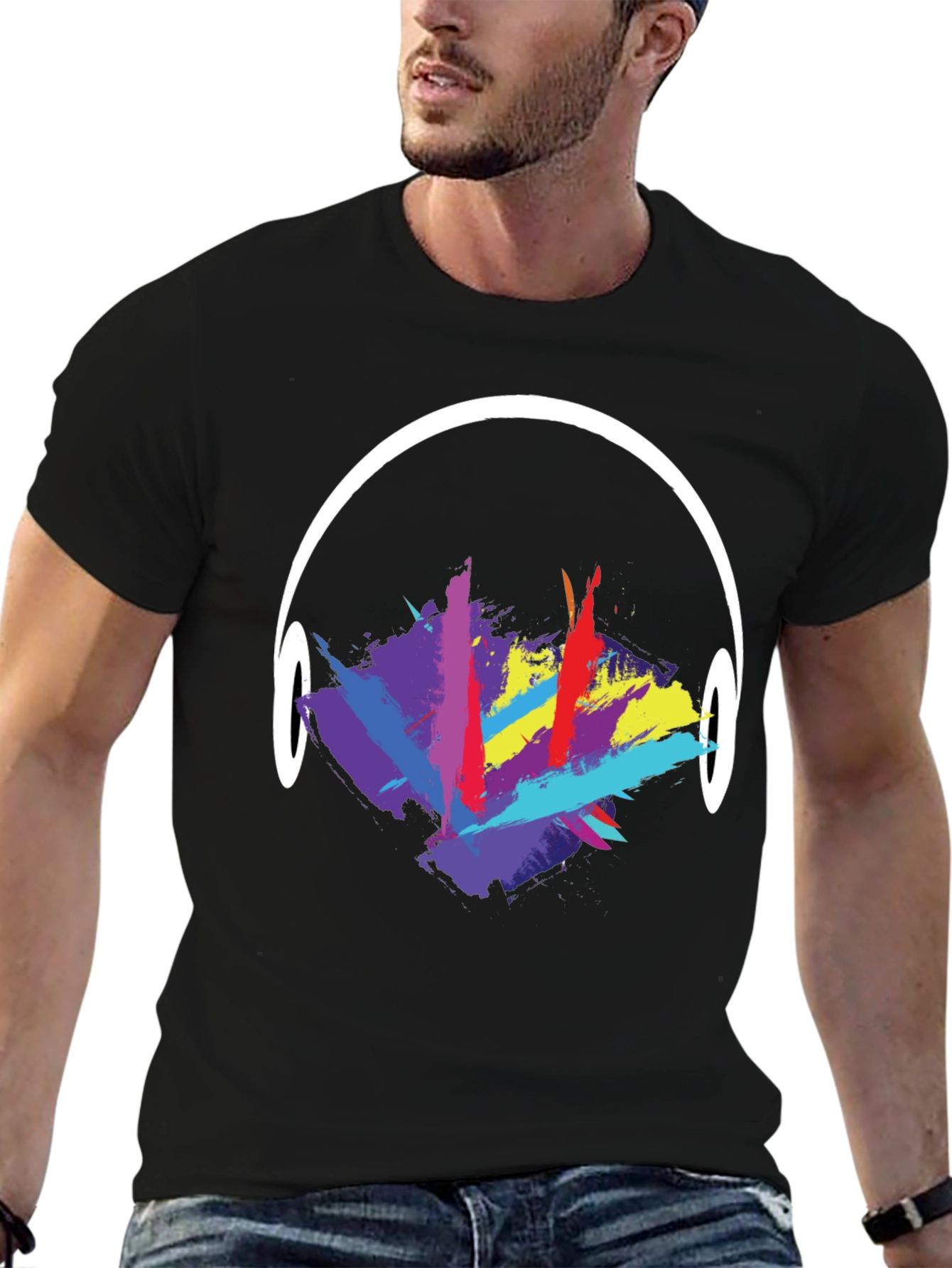 Black Abstract Headphones Graphic T-Shirt view 6