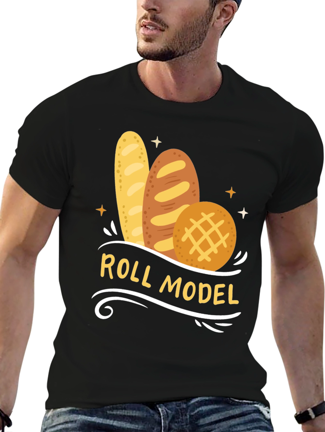 Black Roll Model Graphic T-Shirt - Funny Bread Pun Tee view 6