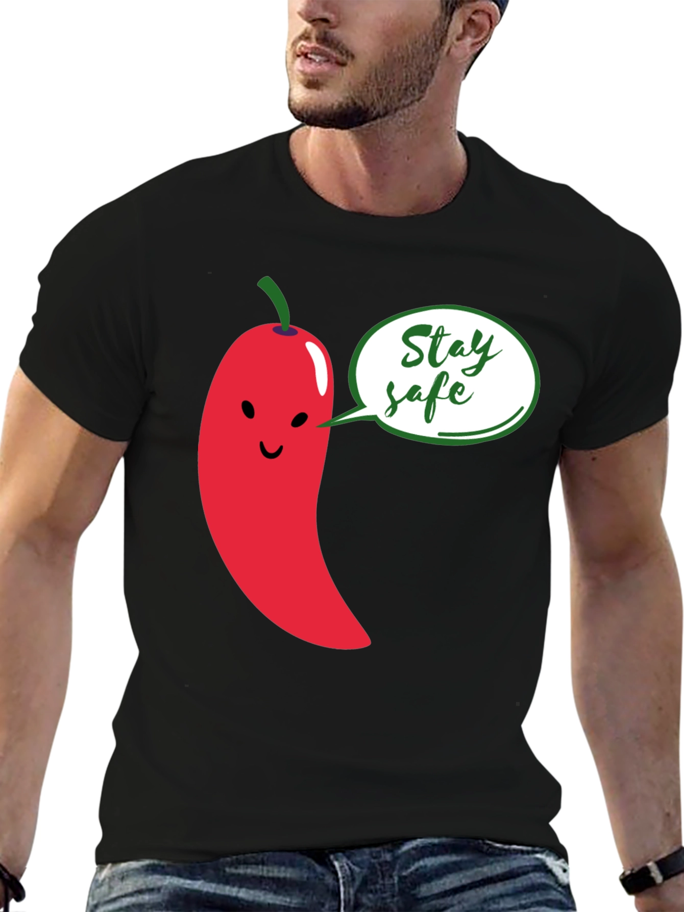 Black Stay Safe Pepper Graphic Tee - Unisex Black T-Shirt view 6