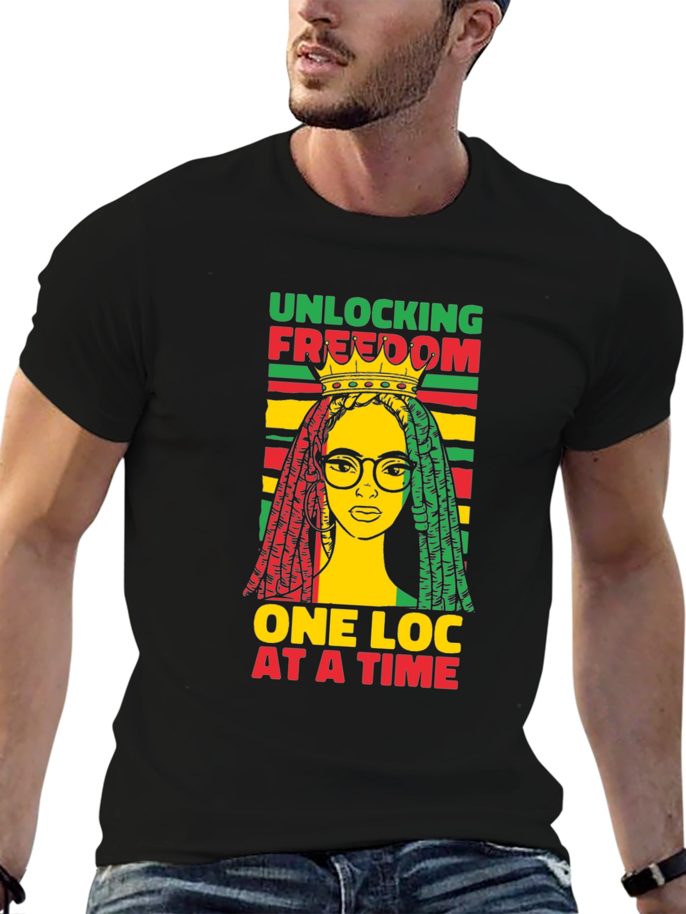 Black Unlocking Freedom Tee - Rasta Loc Design view 6