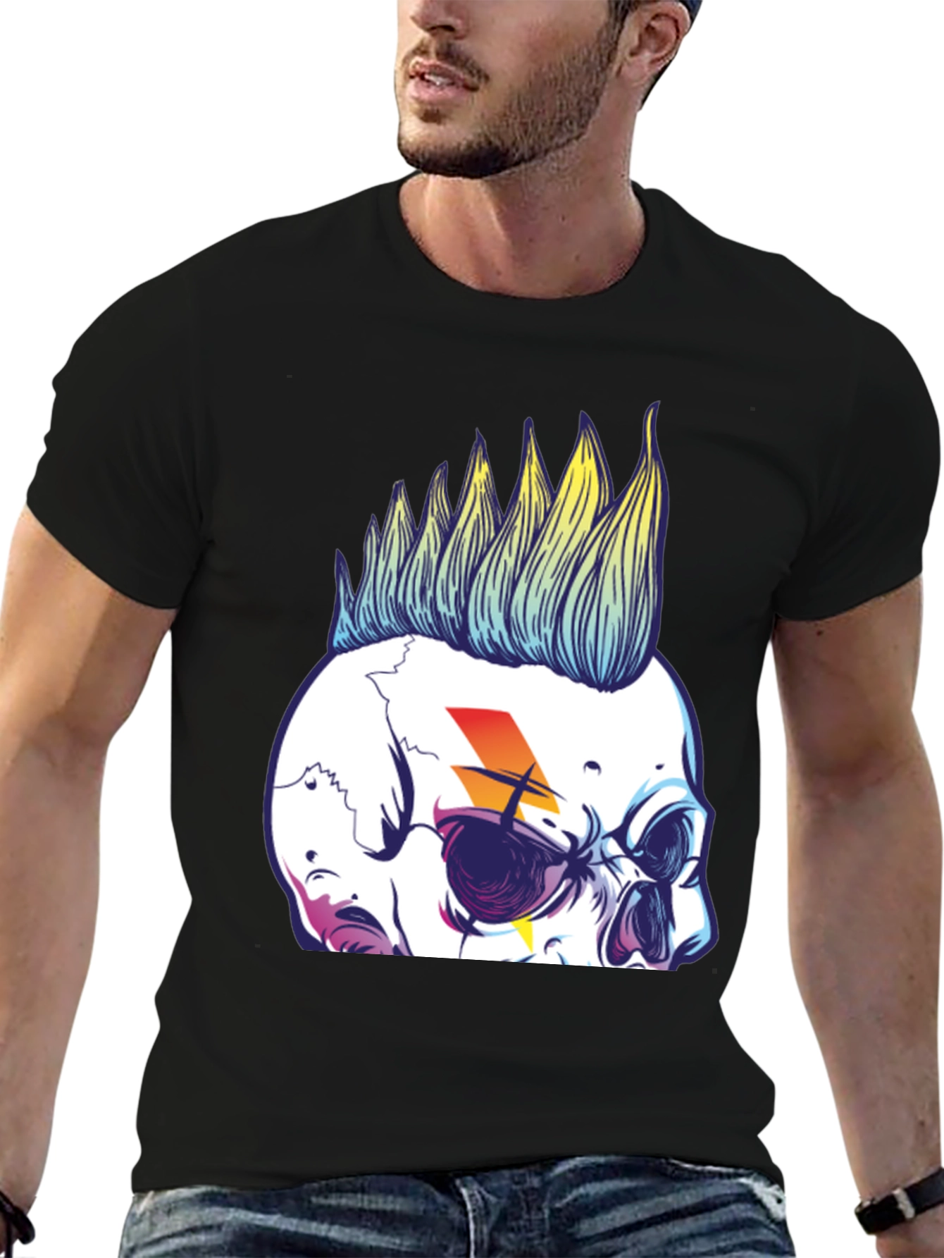 Skull Mohawk Graphic Tee - Men's Black Cotton T-Shirt - 6