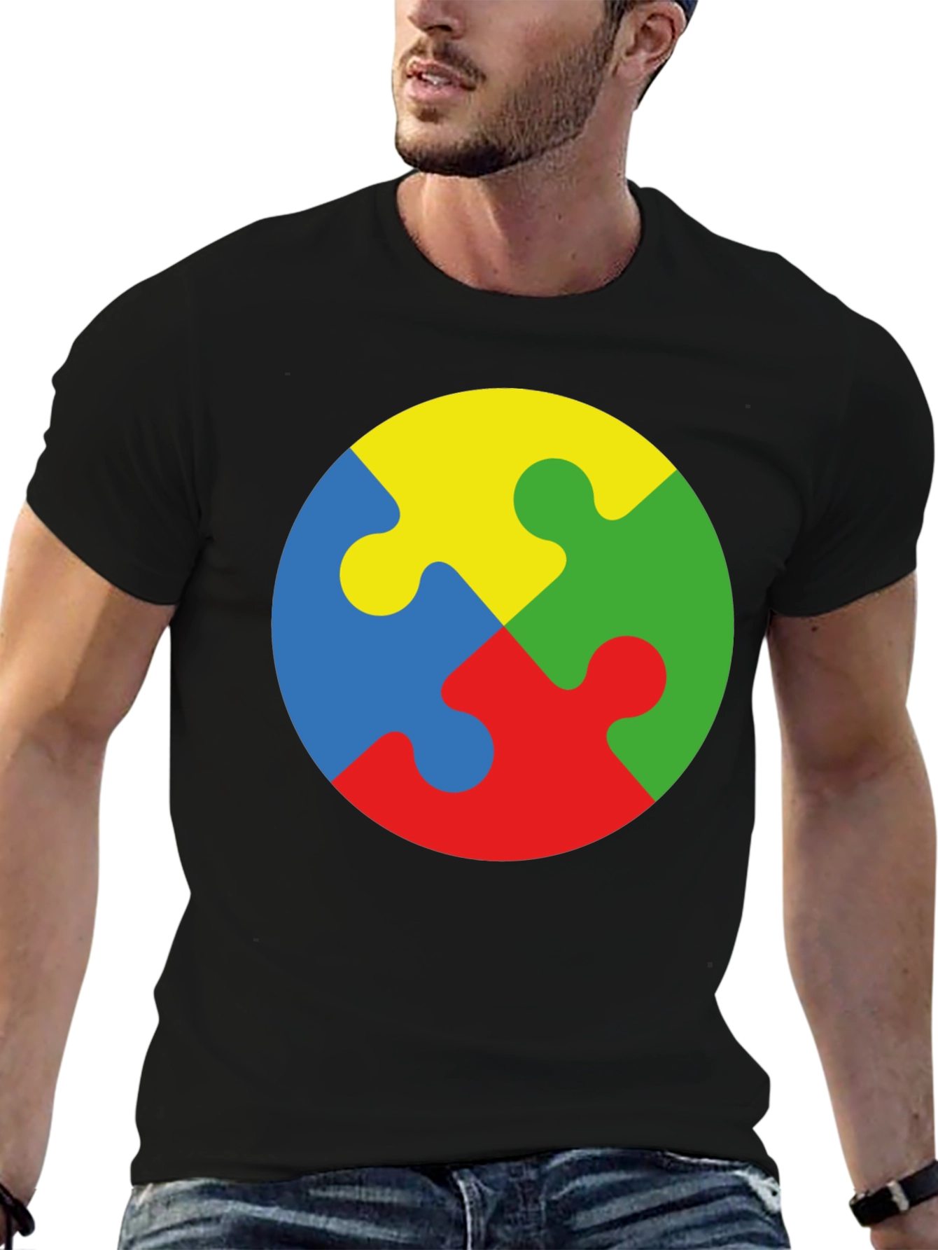 Black Autism Awareness Puzzle Piece Graphic T-Shirt view 6