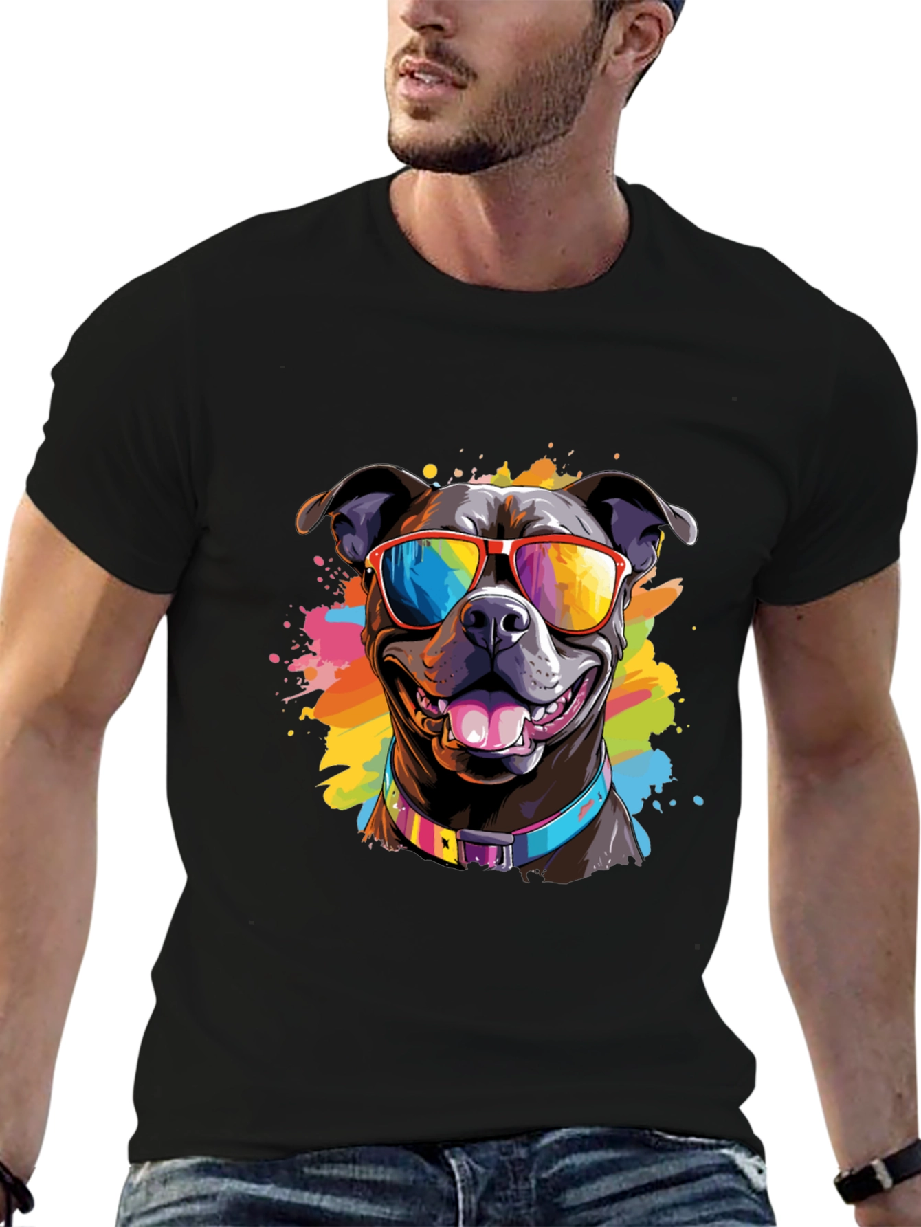 Black Cool Dog T-Shirt - Colorful Pitbull Sunglasses Tee view 6