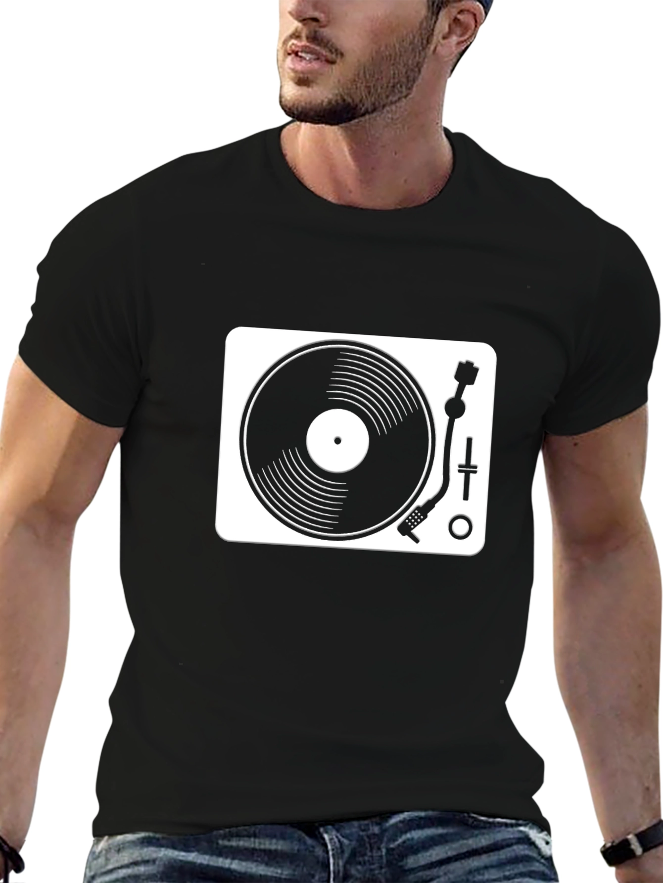 Black Retro DJ Turntable Graphic Tee - Black Cotton Blend view 6