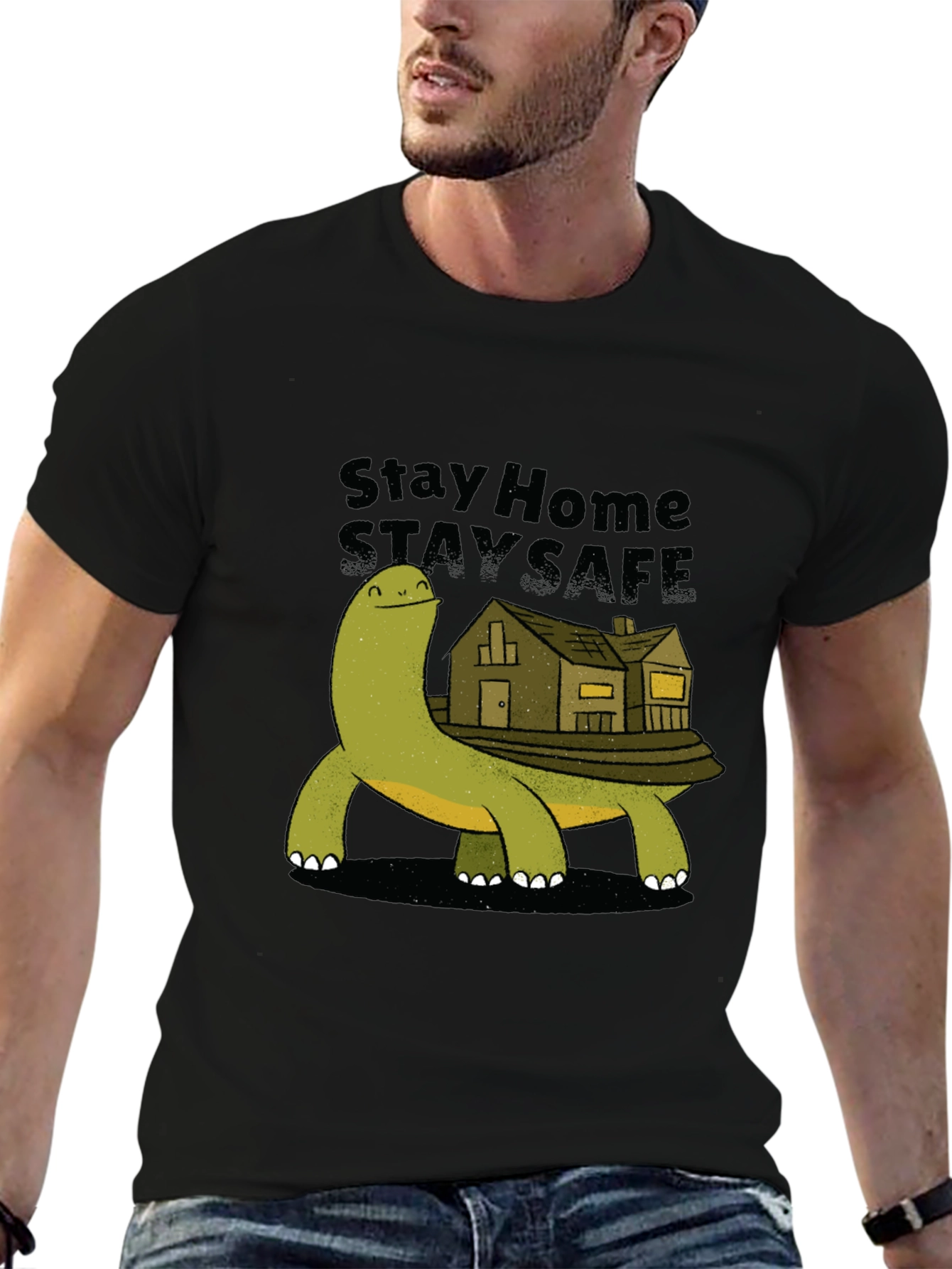 Black Stay Home Stay Safe Turtle House T-Shirt view 6