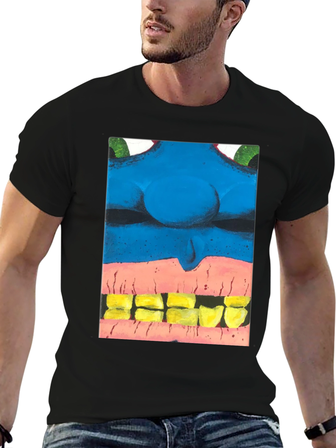 Black Blue Monster Face Graphic Tee - Unique Design view 6